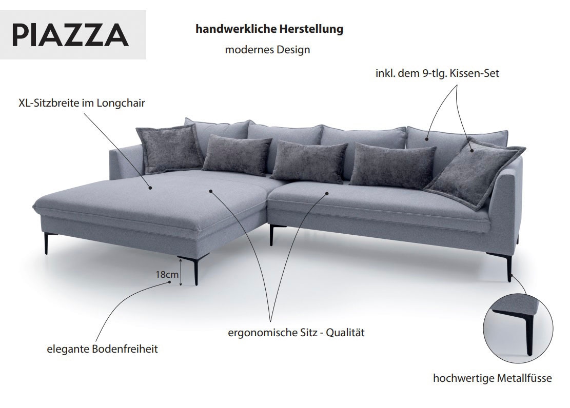 exxpo - sofa fashion Ecksofa »Piazza, elegant und edel, Designsofa mit tollem Sitzkomfort,«, (2 St.), Longchair Ecke in hochwertiger Verarbeitung, Stellmasse 321x187cm