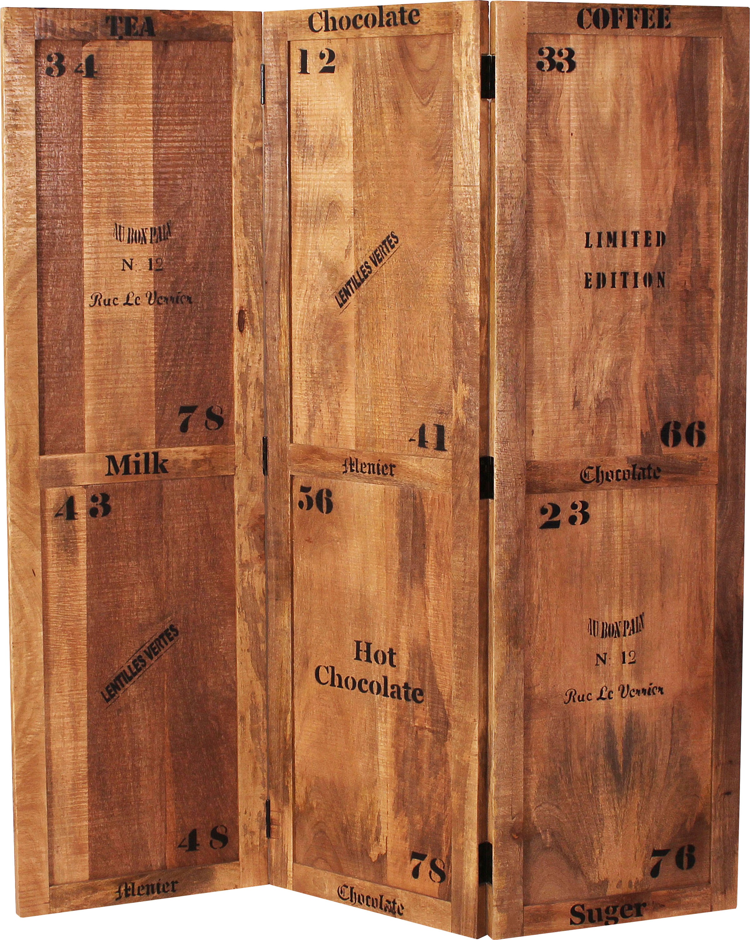 Image of SIT Paravent "Halle 3-tlg. aus Mangoholz mit Schriftzügen & Gebrauchsspuren" 3-teiliger Raumteiler mit originellen schwarzen Schriftzügen