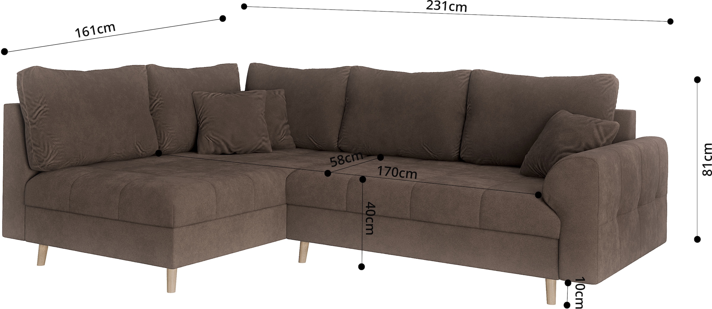 Home affaire Ecksofa »CHARRE L-Form mit Ottomane, Masse B/T/H: 231/161/81 cm«, feine Steppung, lose Rücken- und Zierkissen, auch in Cord und Bouclé
