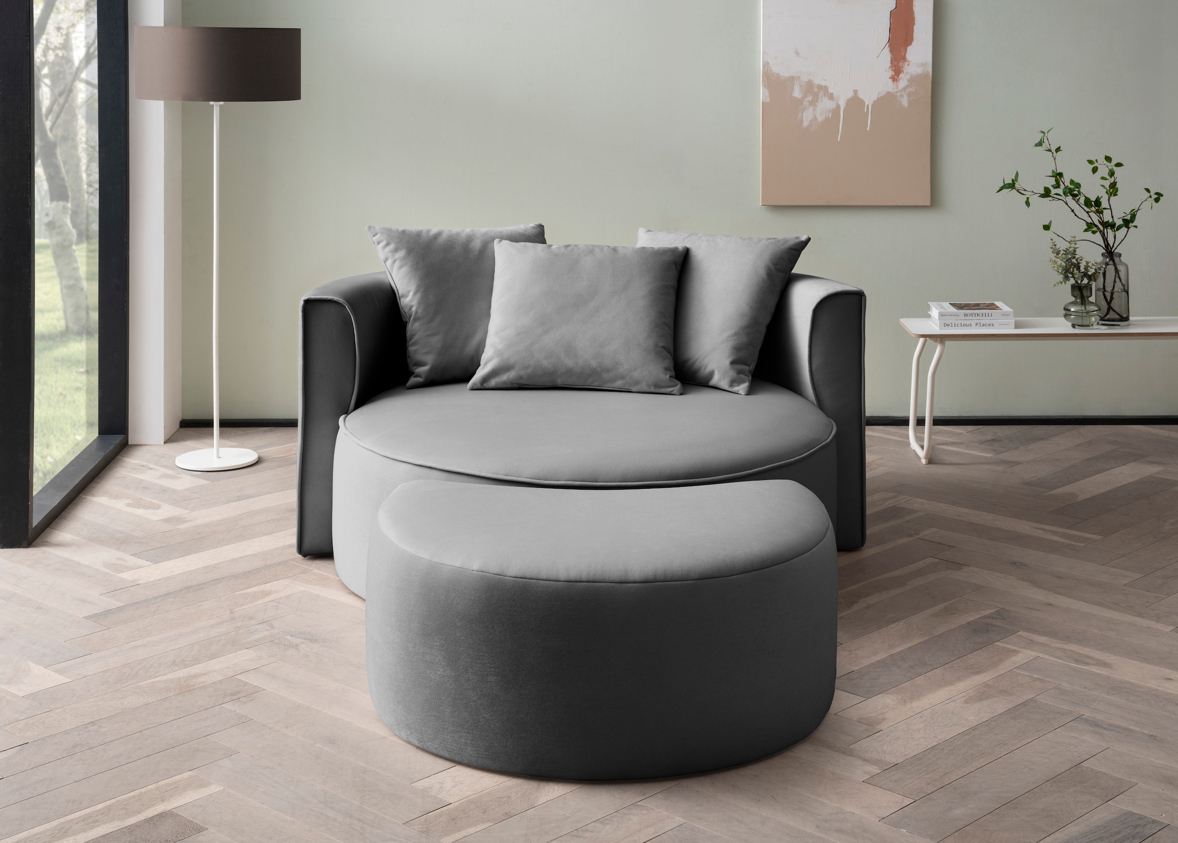 LeGer Home by Lena Gercke XXL-Sessel »ISALIE, Rundsessel mit Hocker, Lesesessel, Loveseat, Big-Sessel«, (Set), trendige Stoffe, 3 Zierkissen, grosse Sitzfläche, Cord, Samt, Bouclé