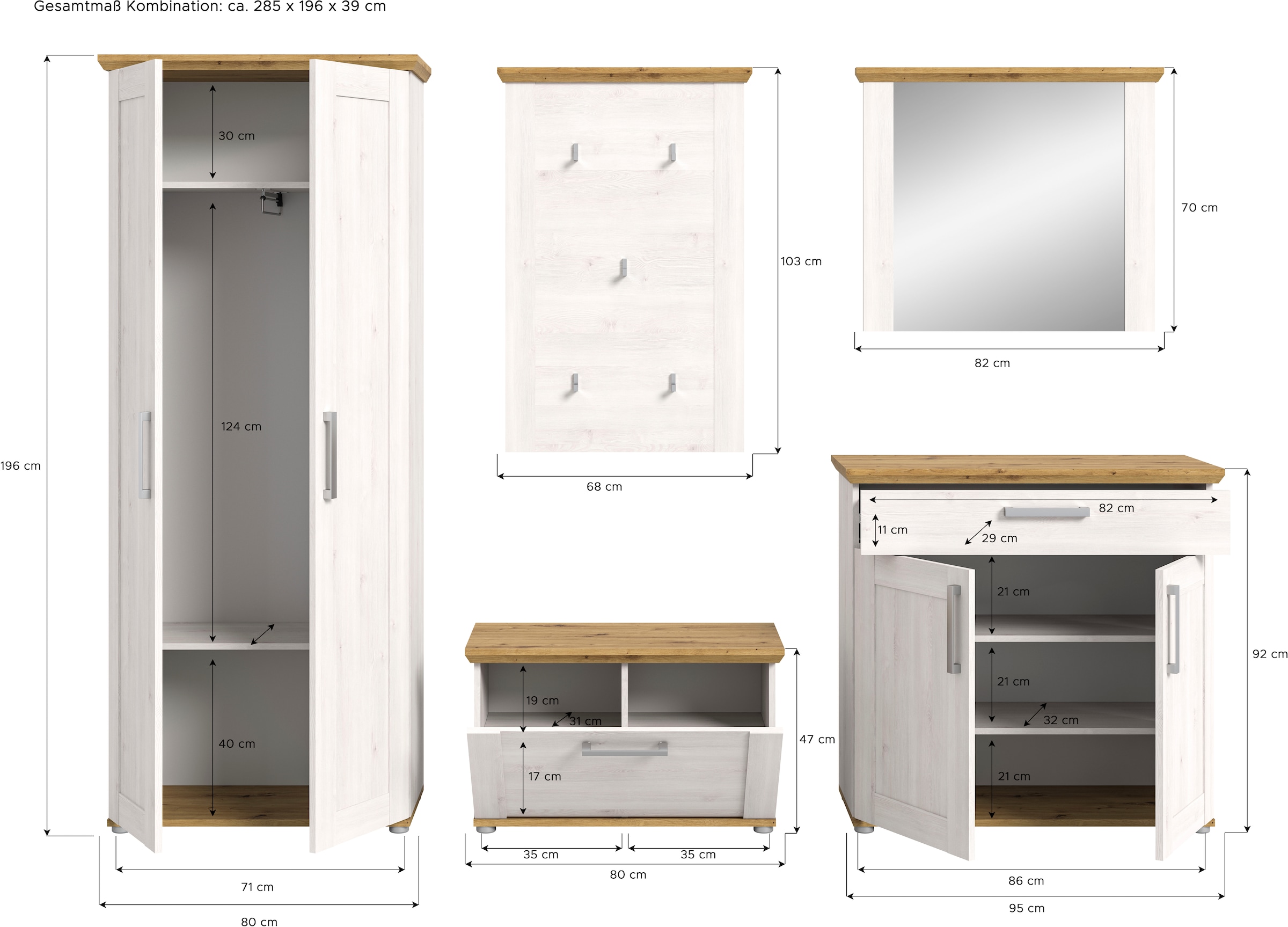 Home affaire Garderoben-Set »COSENZA, TOPSELLER!, Breite ca. 285 cm, 5-teilig, in Landhausoptik«, (5 St., Garderobenschrank, Sitzbank, Garderobenpaneel, Schuhschrank, Spiegel), Garderobenkombination, Kombination, Diele, Garderobe, Garderobenmöbel
