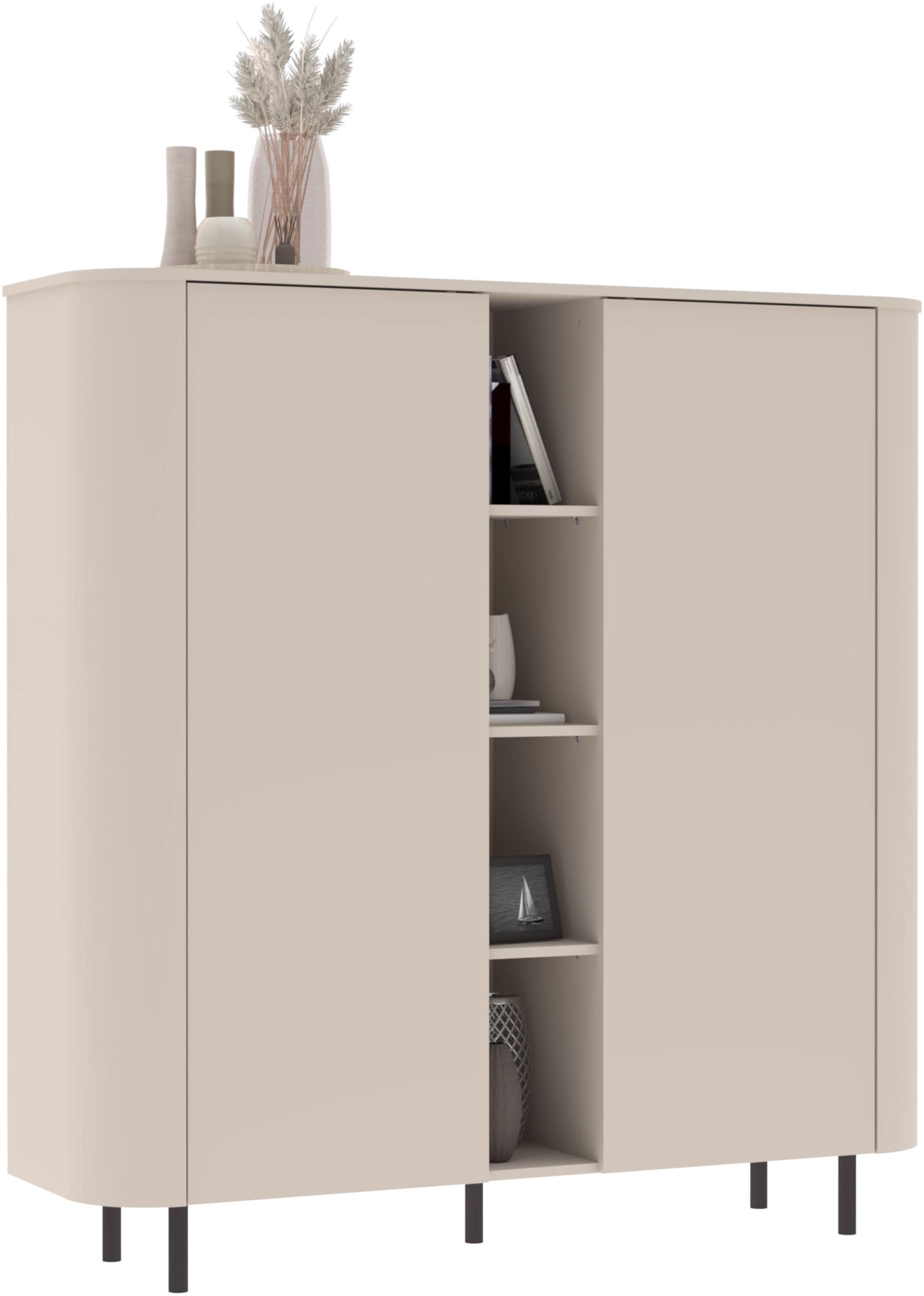 GOODproduct Highboard »Lido, B/H 150/154 cm, 2 Türen, 4 offene Fächer, Stauraumschrank« Formgebogenes MDF, Stirnseiten mit Rundung, Push-to-open, Metallfüsse