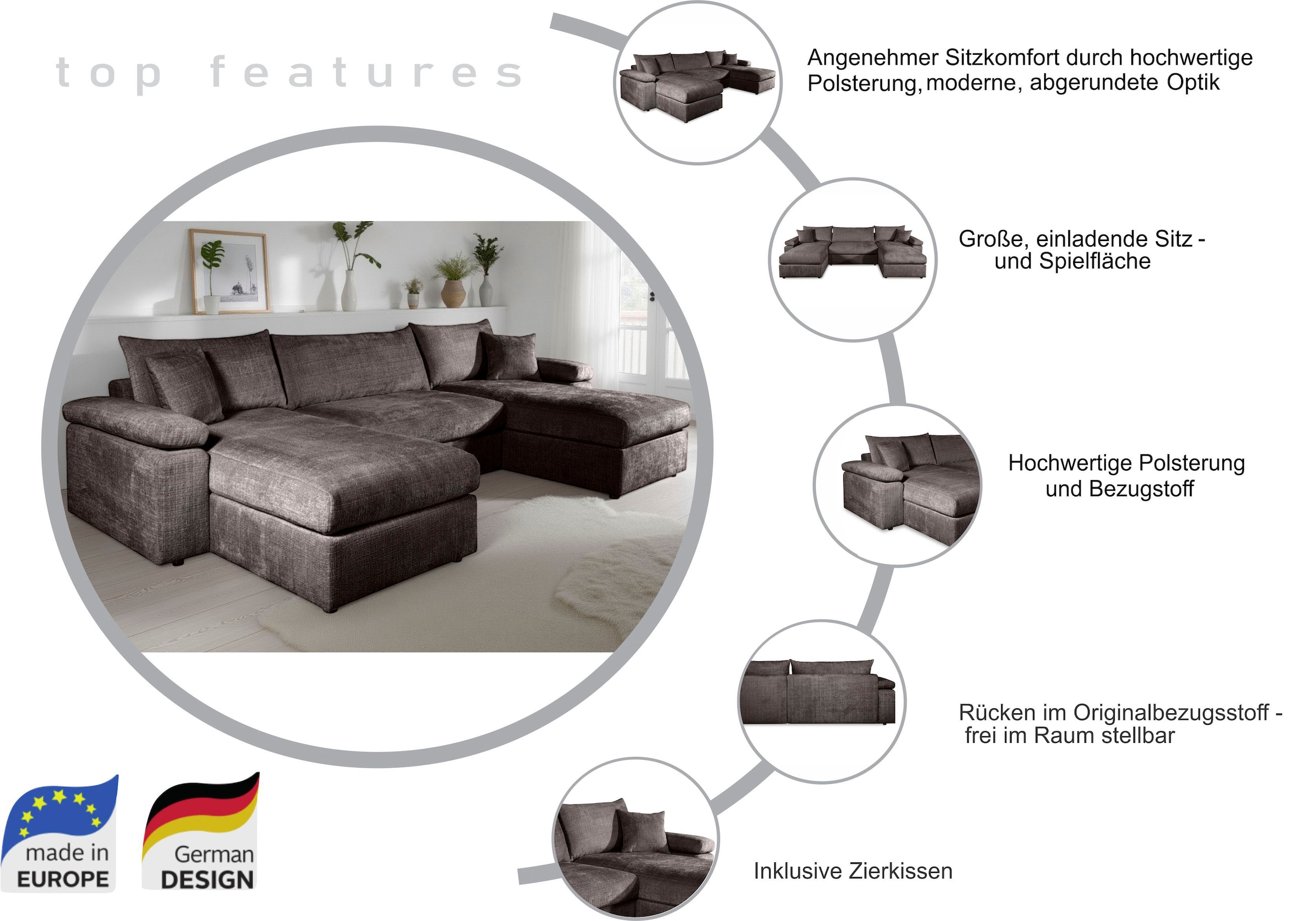 COLLECTION AB Paysage de salon »Cosy U-From, Breite 309 cm« mit 2 Ottomane, Sitzaufbau im Sanwich-Federkern mit Kaltschaumauflage