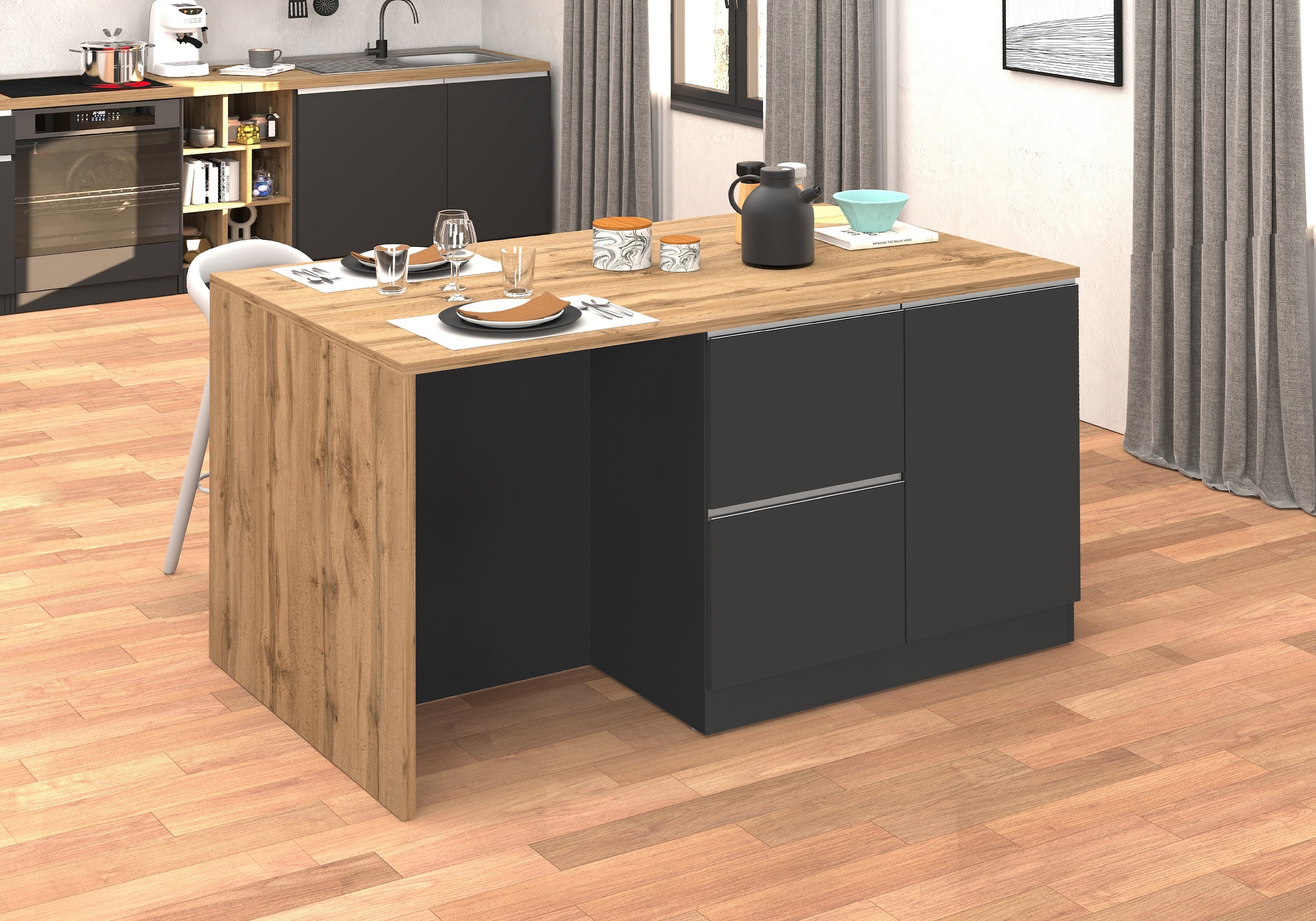 KOCHSTATION Ilot de cuisine »KS-Sole, Kochinsel, Küchenarbeitsblock, Inselküche, Arbeitsinsel« Breite 152,5 cm, mit Essplatz, Handtuchhalter, Fächer und Weinregal