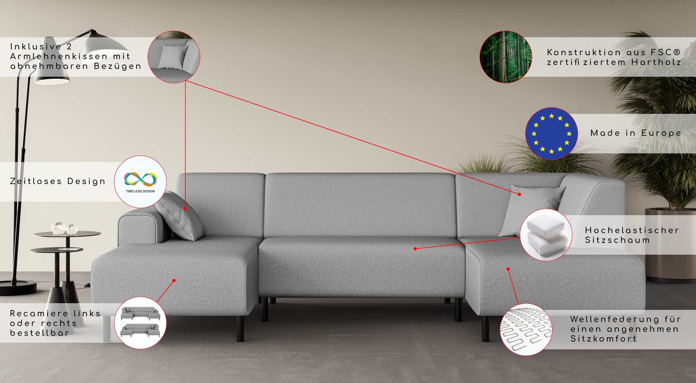 Home affaire Wohnlandschaft »ARROS U-Form mit Wellenunterfederung, Masse B/T/H: 300/163/81 cm«, incl. Zierkissen, mit Recamiere links/rechts bestellbar, auch in Cord