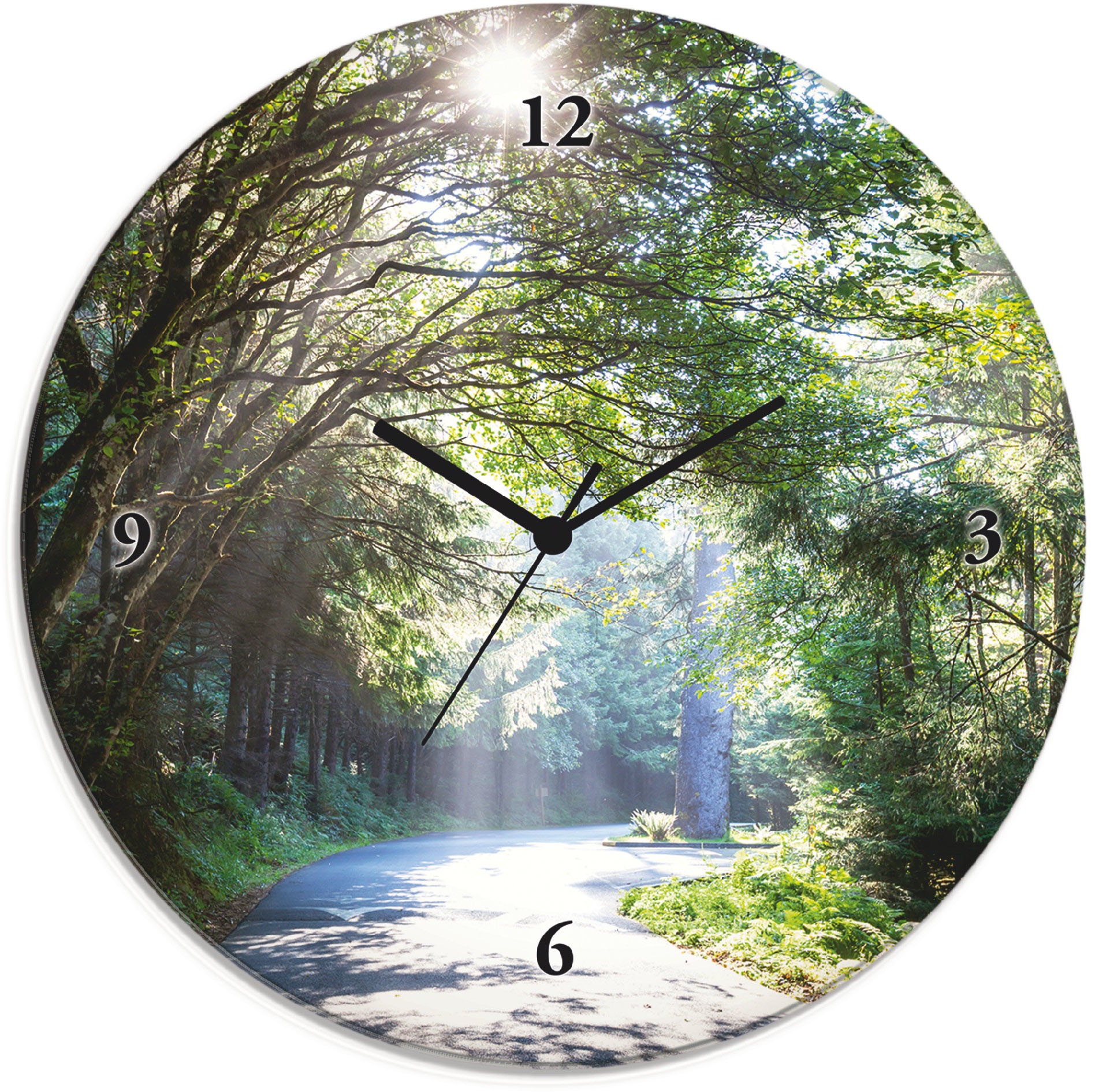 Image of Artland Wanduhr "Glasuhr rund Sonniger Wald" wahlweise mit Quarz- oder Funkuhrwerk, lautlos ohne Tickgeräusche
