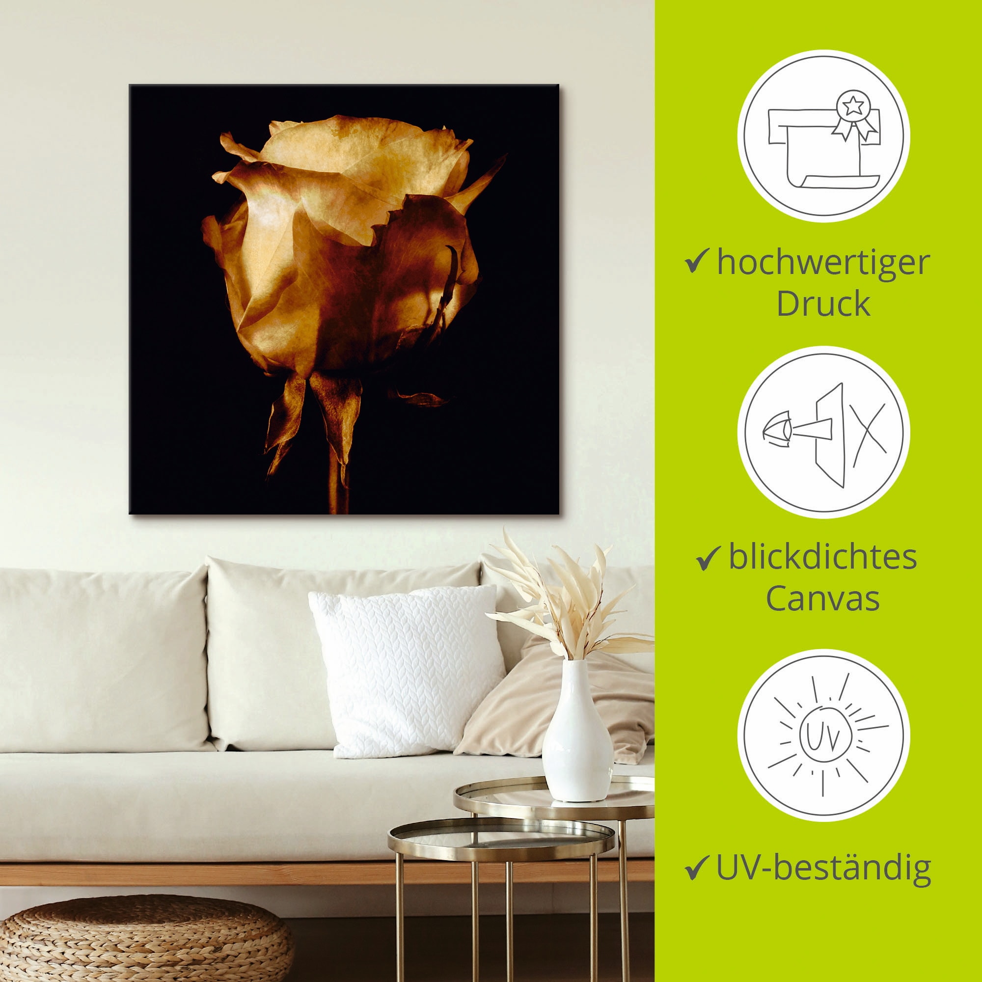 Artland Leinwandbild »Vergoldete Rose« Blumen 1 Stk. tlg. auf Holzrahmen gespannt