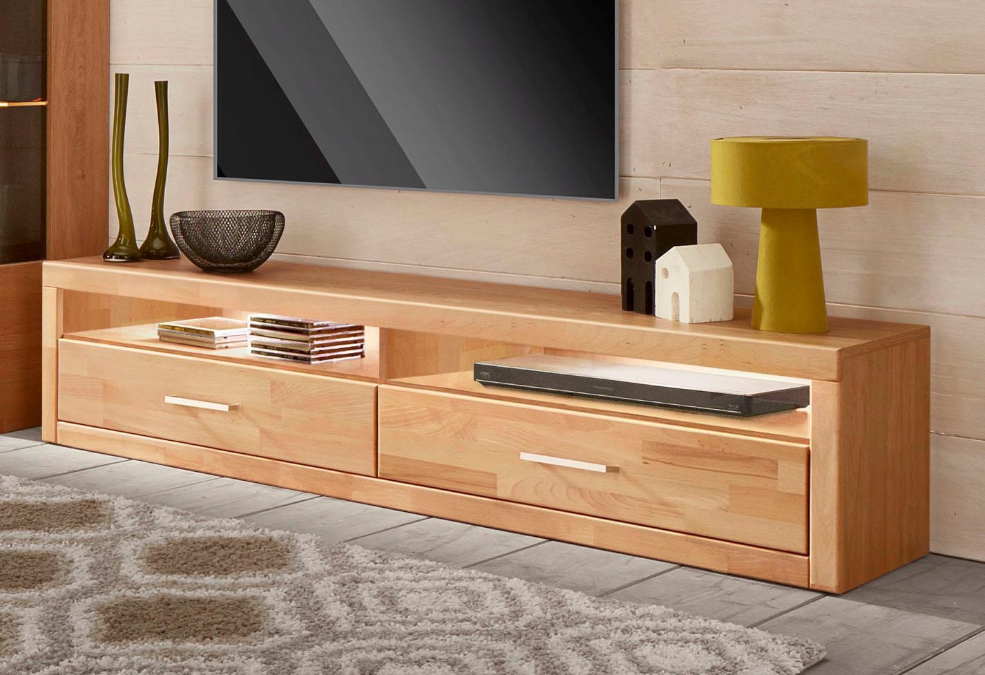 Image of GOODproduct Lowboard "Ribe,180cm breit, Fronten Massivholz,4 Fächer,Kabeldurchführung" Holz massiv, Holzwerkstoff, Metall Griffe,2 Klappen