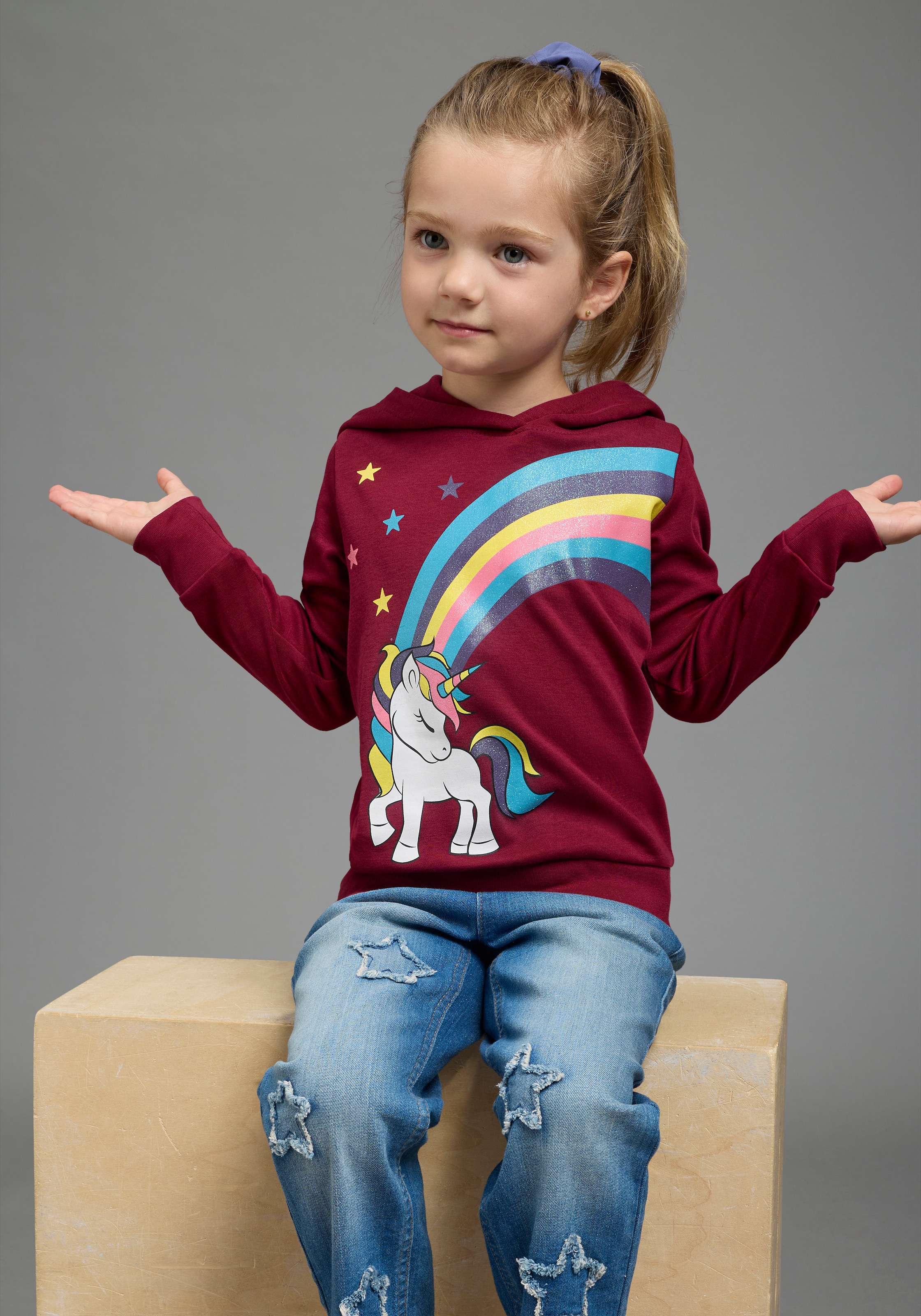 Image of KIDSWORLD Langarmshirt "mit EINHORN Regenbogen" Einhorn-Druck, Langarm, Basic-Passform, aus Baumwolle