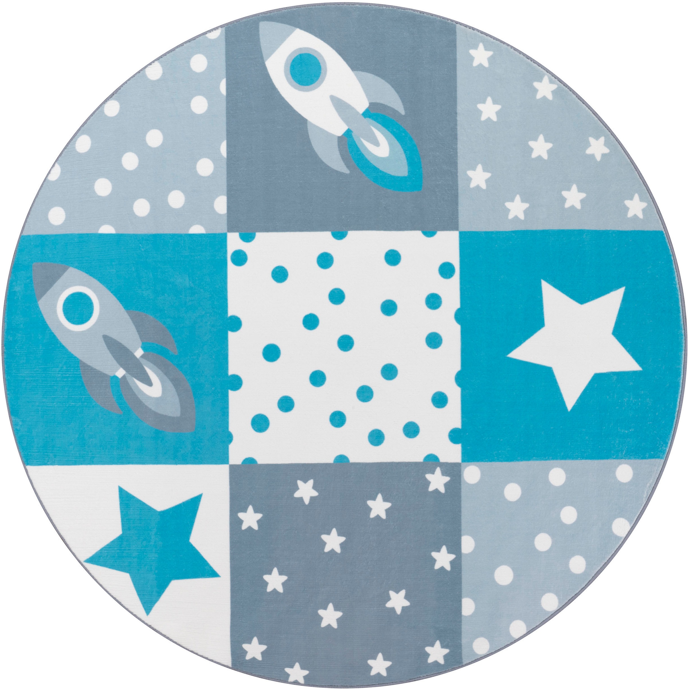 Paco Home Kinderteppich »Eliz 395«, rund, 12 mm Höhe, Spielteppich, Patchwork-Muster, Motiv Rakete, Sterne & Punkte