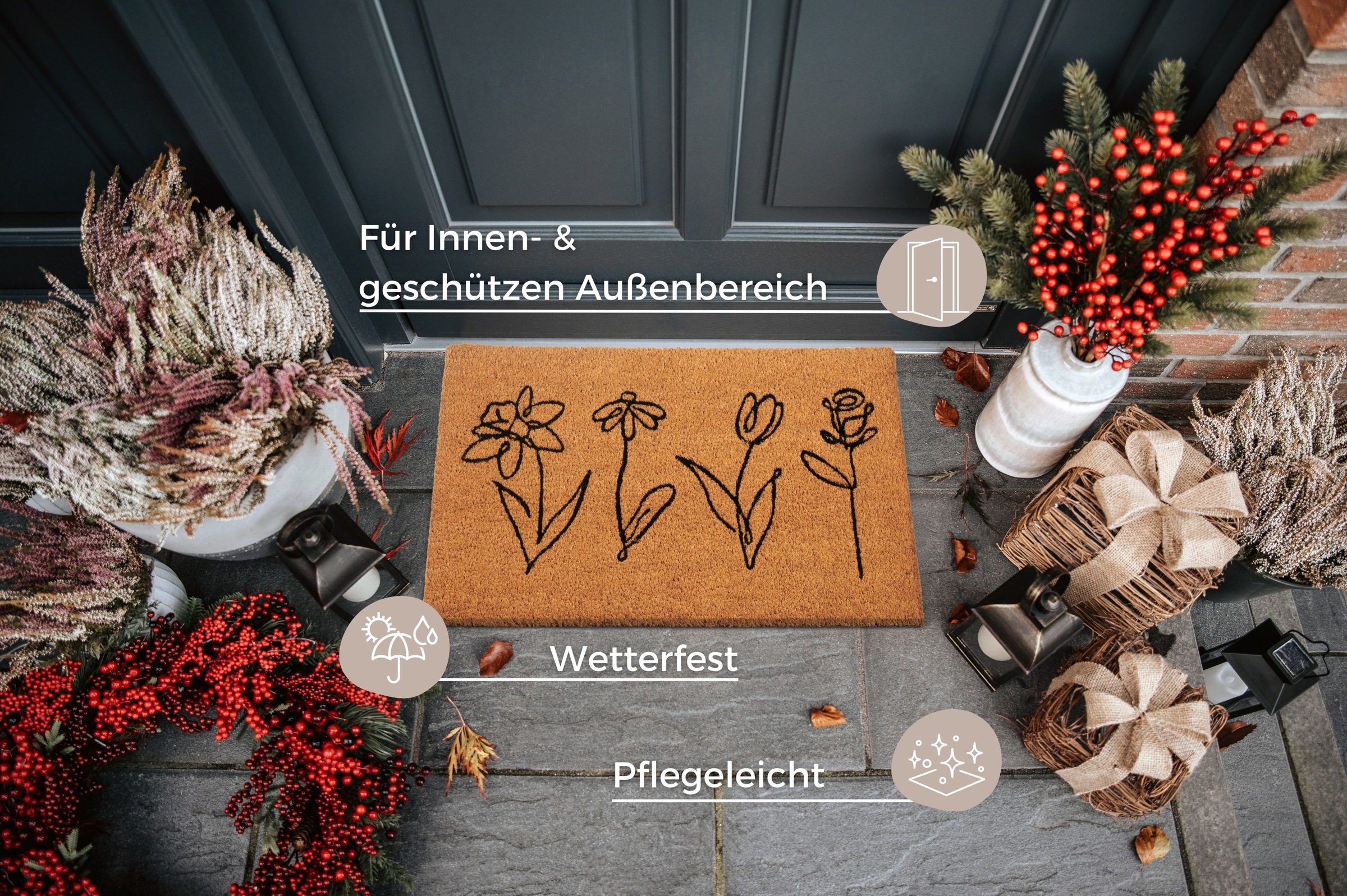 HANSE Home Fussmatte »Kokos Line-Art Flowers, Türmatte«, rechteckig, 15 mm Höhe, Schmutzfangmatte, Rutschfest, Outdoor, Innen, Aussen, Kokosmatte, Flur