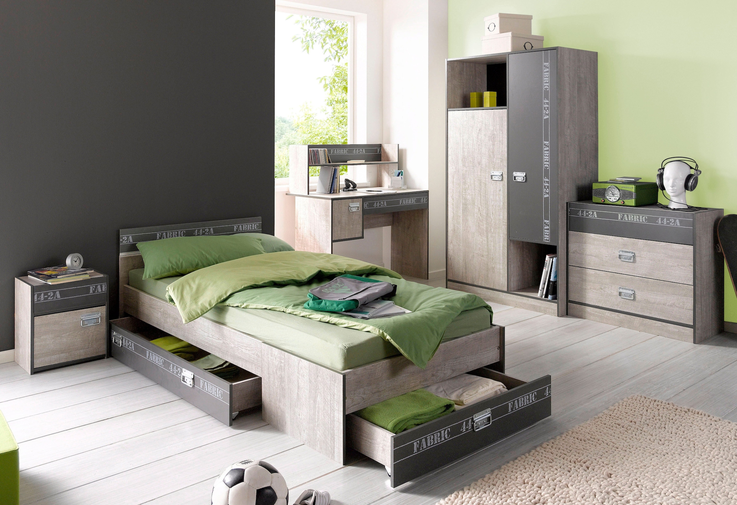 Parisot Jugendzimmer-Set »Fabric«, (Set, 4 St., Bett, Bettschubkasten, Kleiderschrank, Nachttisch), wahlweise mit Aufbauservice