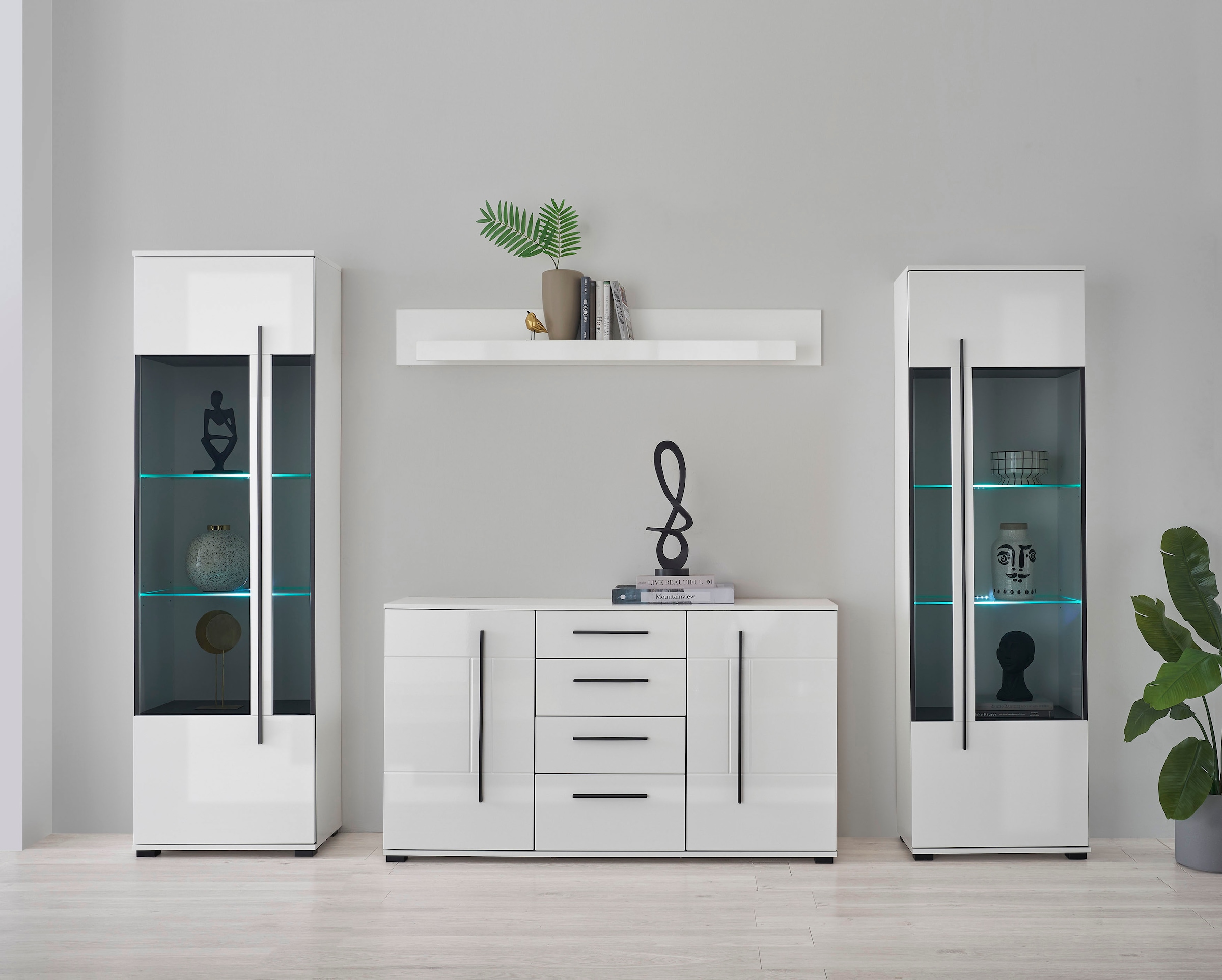 INOSIGN Wohnwand »Cantara, moderne Anbauwand, Wohnzimmer-Set, in Eiche Evoke oder Weiss«, (Set), enthält zwei Vitrinen, ein Sideboard und ein Wandboard