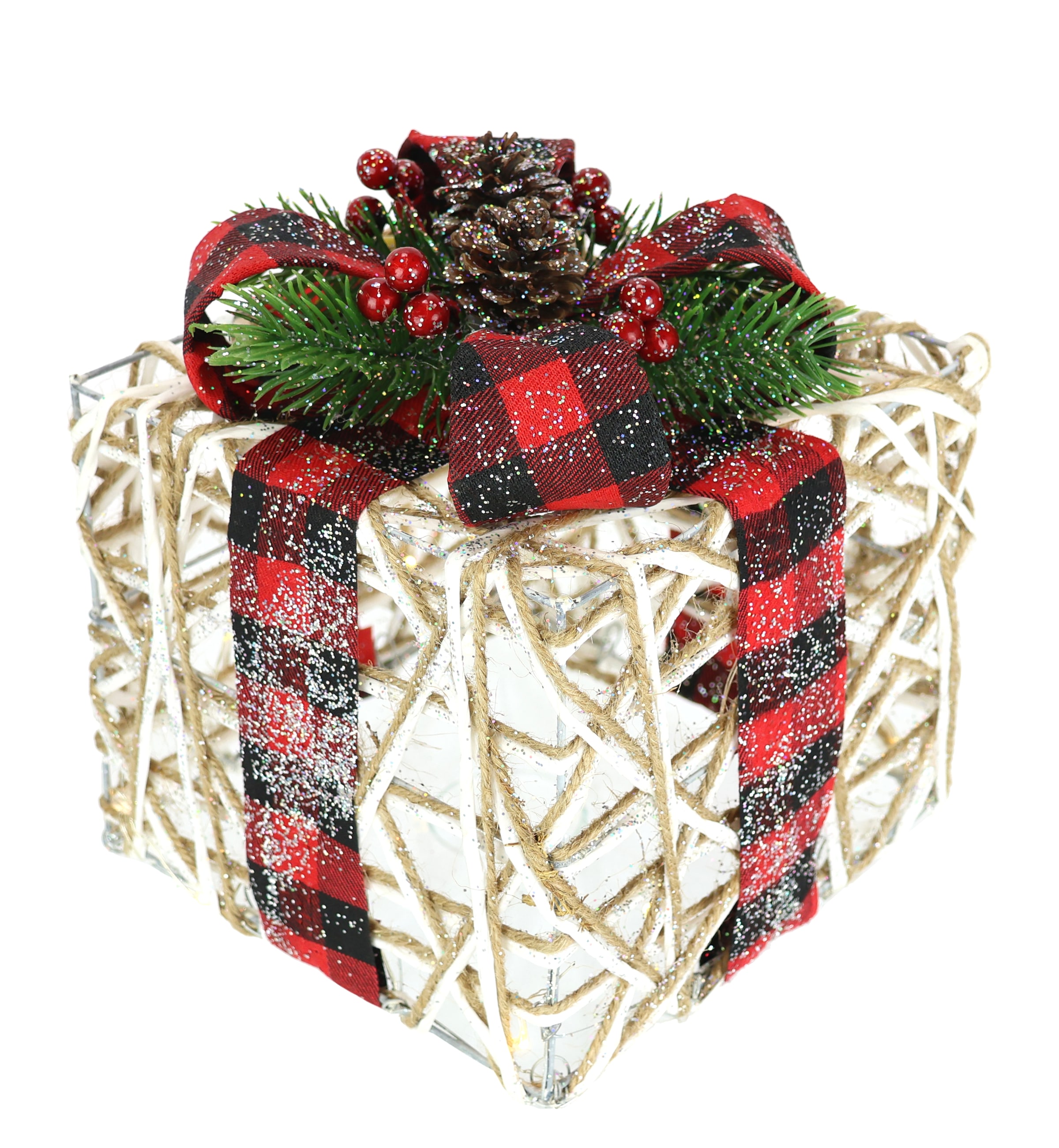 Image of I.GE.A. Dekofigur "Weihnachtsfigur Leuchtfigur LED-Geschenk mit Schleife" Geschenkpaket Schleife Tanne Beeren Zapfen Weihnachtsdeko beleuchtet