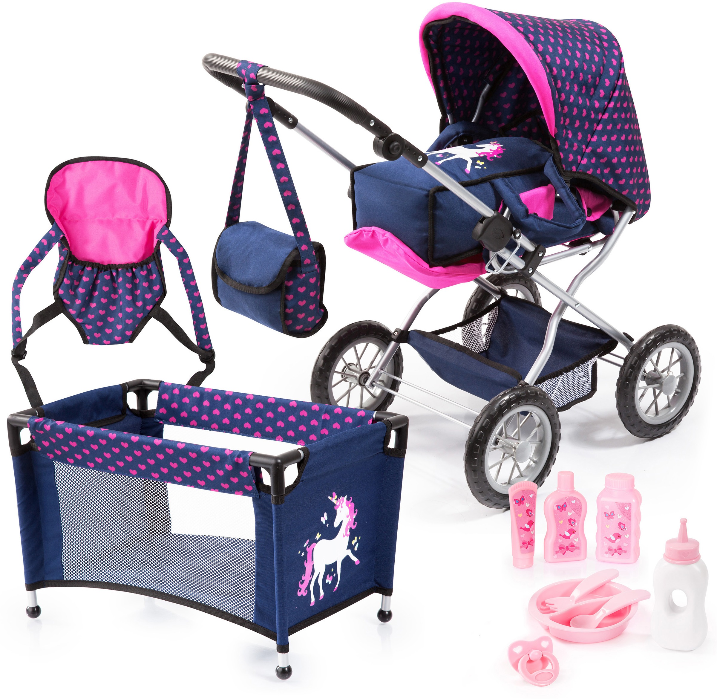 Image of Bayer Kombi-Puppenwagen »Grande, Blau/Pink«, (Set), mit Reisebett und vielen Puppenutensilien bei Ackermann Versand Schweiz