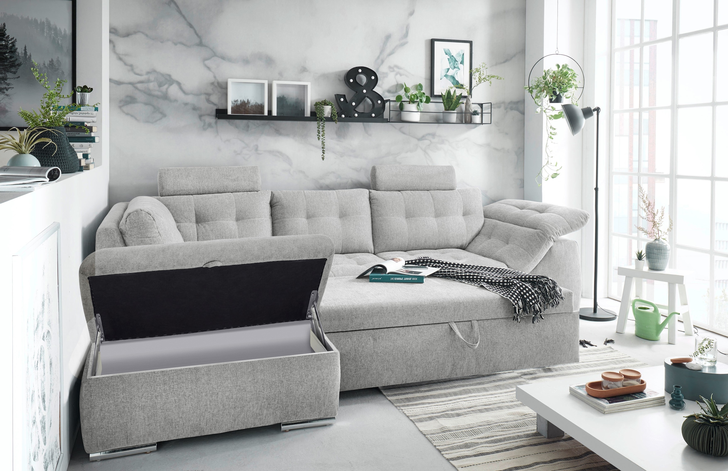 ED EXCITING DESIGN Canapé d'angle »Oman L-Form« mit Bettfunktion, Bettkasten, Armteilverstellung & Kopfstützen