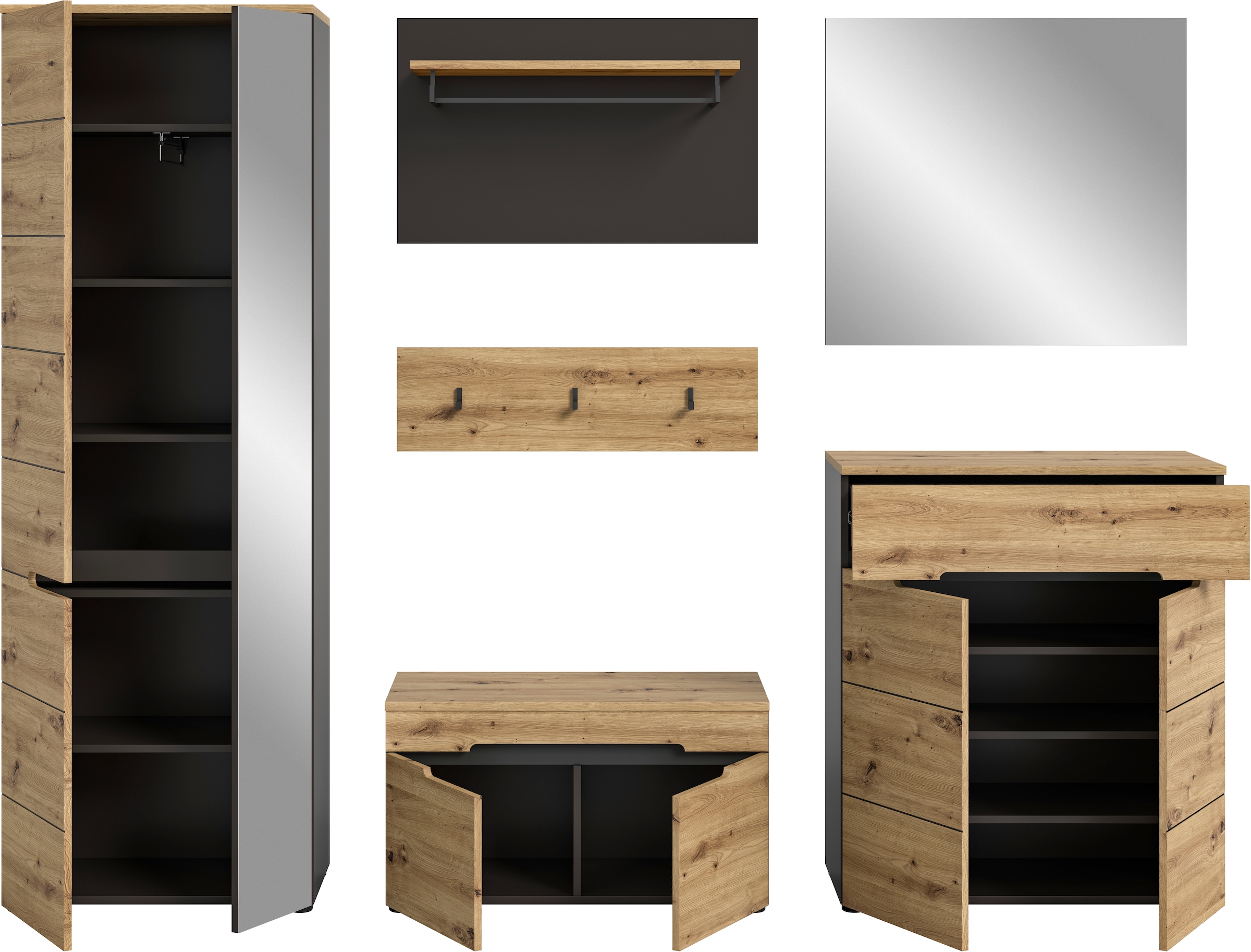 INOSIGN Garderoben-Set »Rehat, Garderobenkombination, Breite 255cm«, (6 St.), 6-teiliges Flurgarderoben Set mit viel Stauraum, Flur Möbel