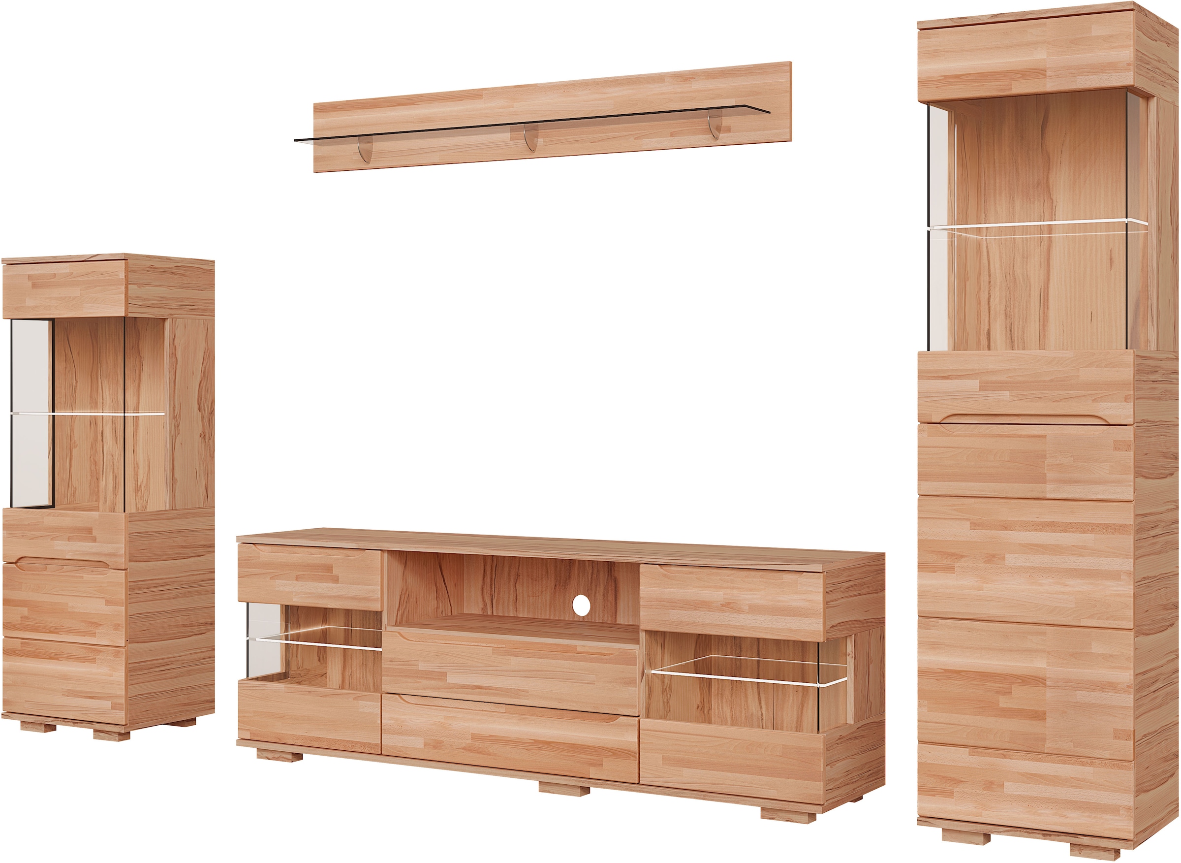 GOODproduct Wohnwand »VETRO: besteht aus 2 Vitrinen, 1 Lowboard & 1 Wandregal, Wohnzimmer.« 4 Stk. tlg.