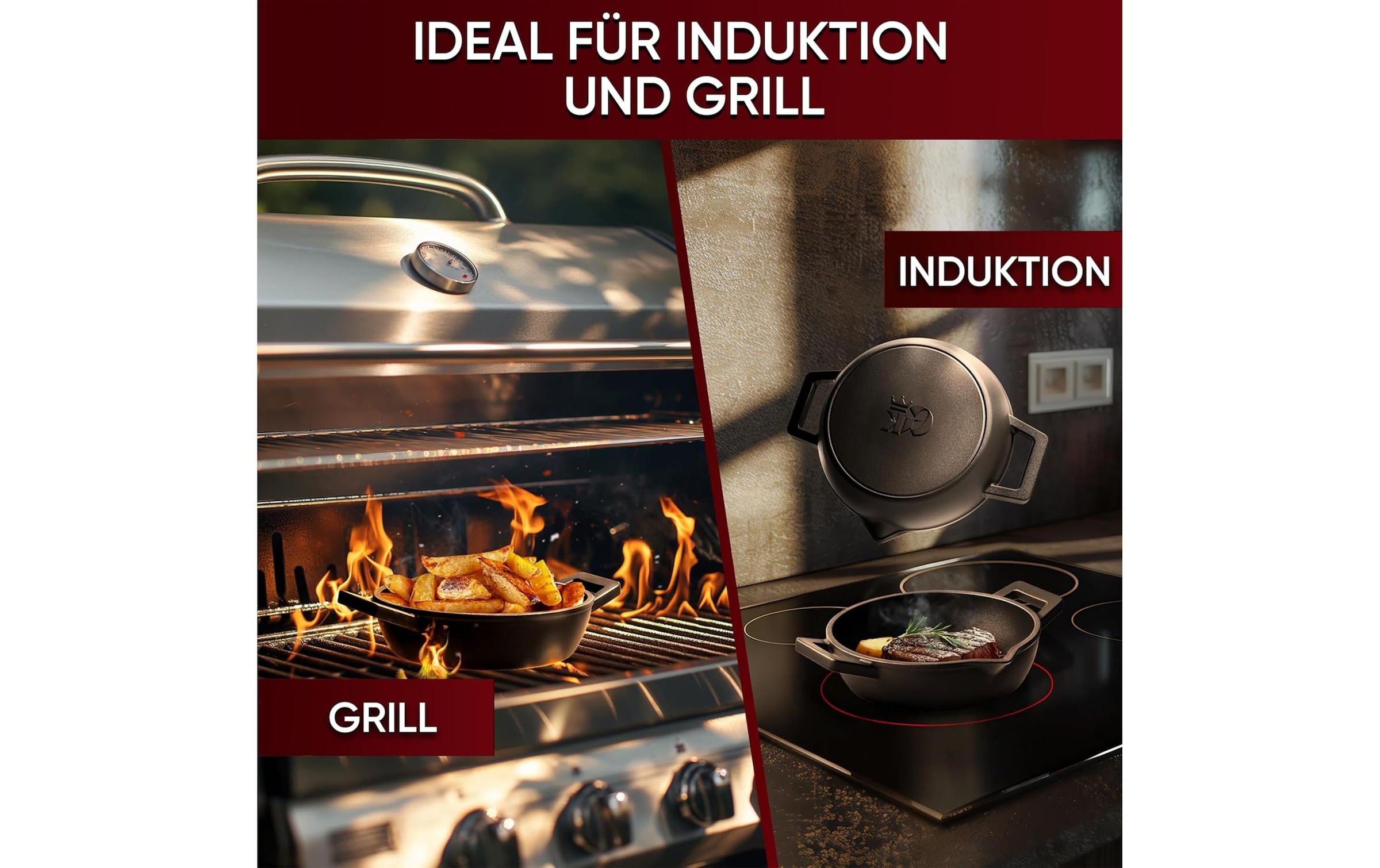   Marmite à barbecue »Gusskoenig Mini Set mit Holzsockel« 4 cuis tlg. Mini-Rundpfanne, 2er-Set + Holzsockel