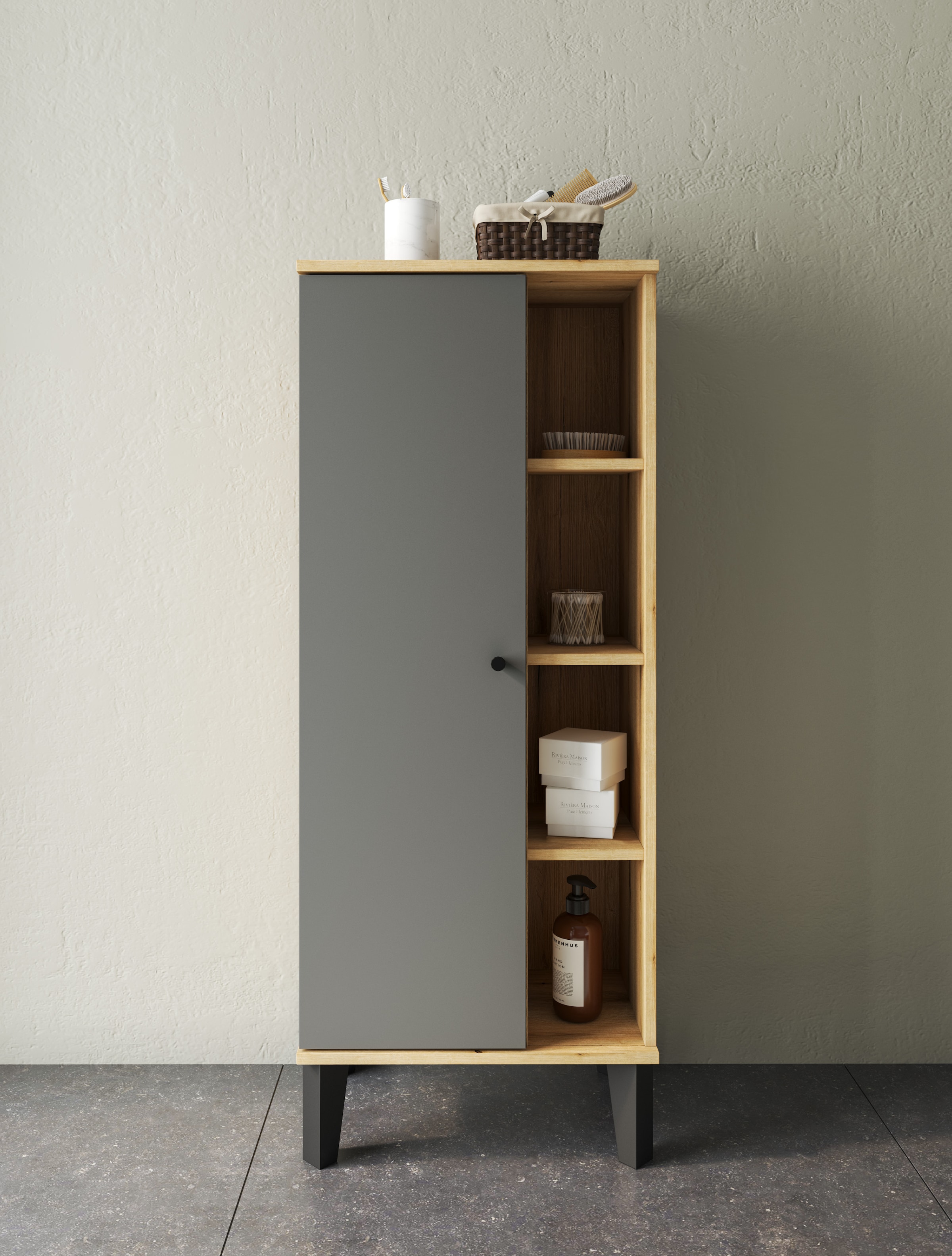 INOSIGN Stauraumschrank »Oslo, Badschrank mit Knopfgriff, Hochschrank im skandinavischen Design« in der Türfarbe Weiss oder Grau verfügbar, ausreichend Stauraum