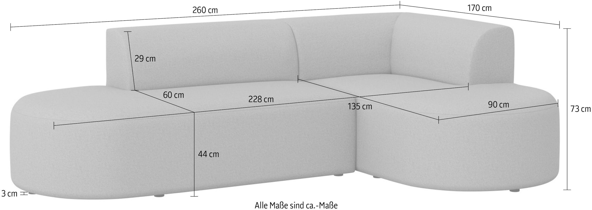 andas Ecksofa »Ecksofa Tvinne mit Ottomane links oder rechts bestellbar«, L-Form, mit Wellenunterfederung, BxTxH 260x170x73 cm