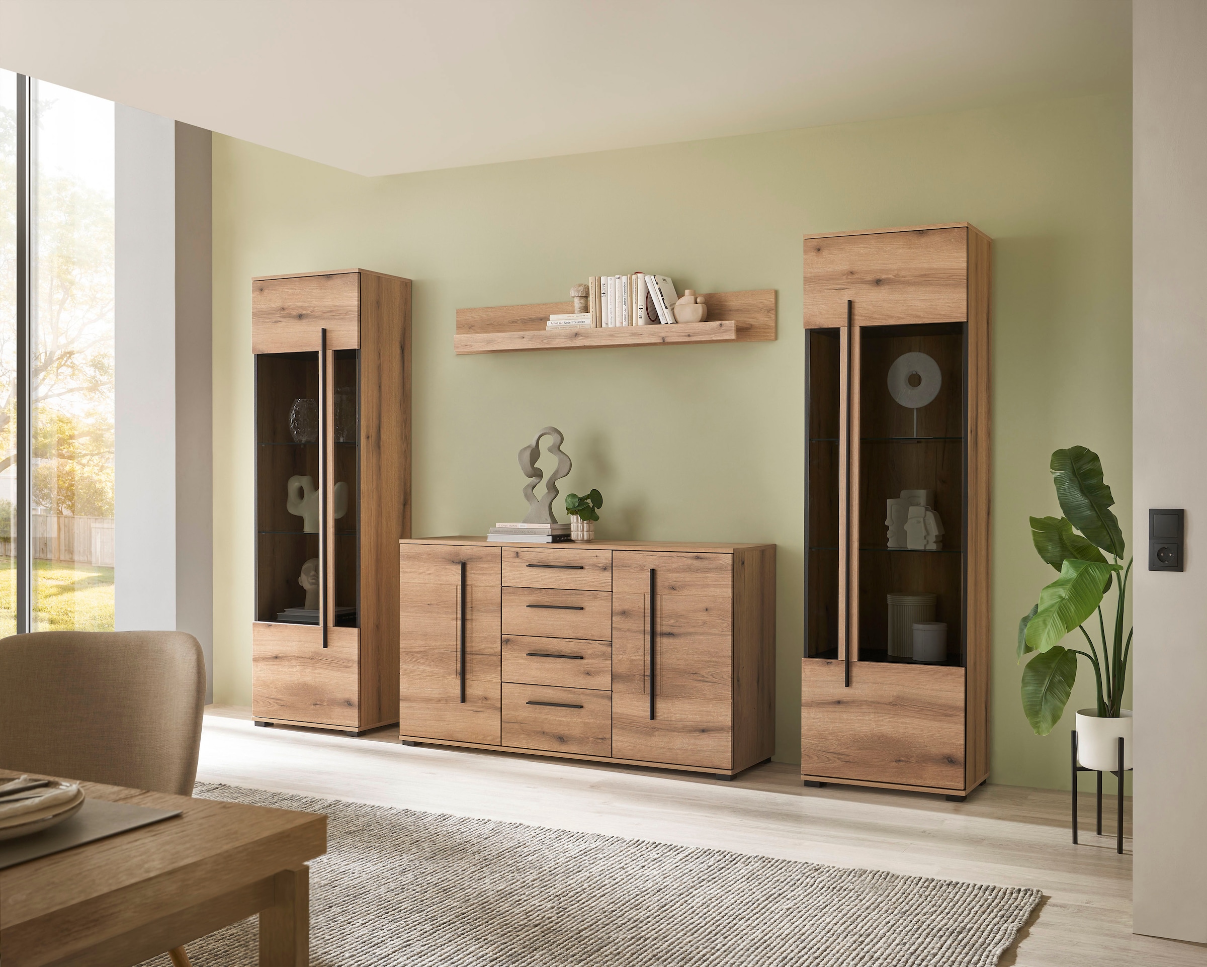 INOSIGN Wohnwand »Cantara, moderne Anbauwand, Wohnzimmer-Set, in Eiche Evoke oder Weiss«, (Set), enthält zwei Vitrinen, ein Sideboard und ein Wandboard