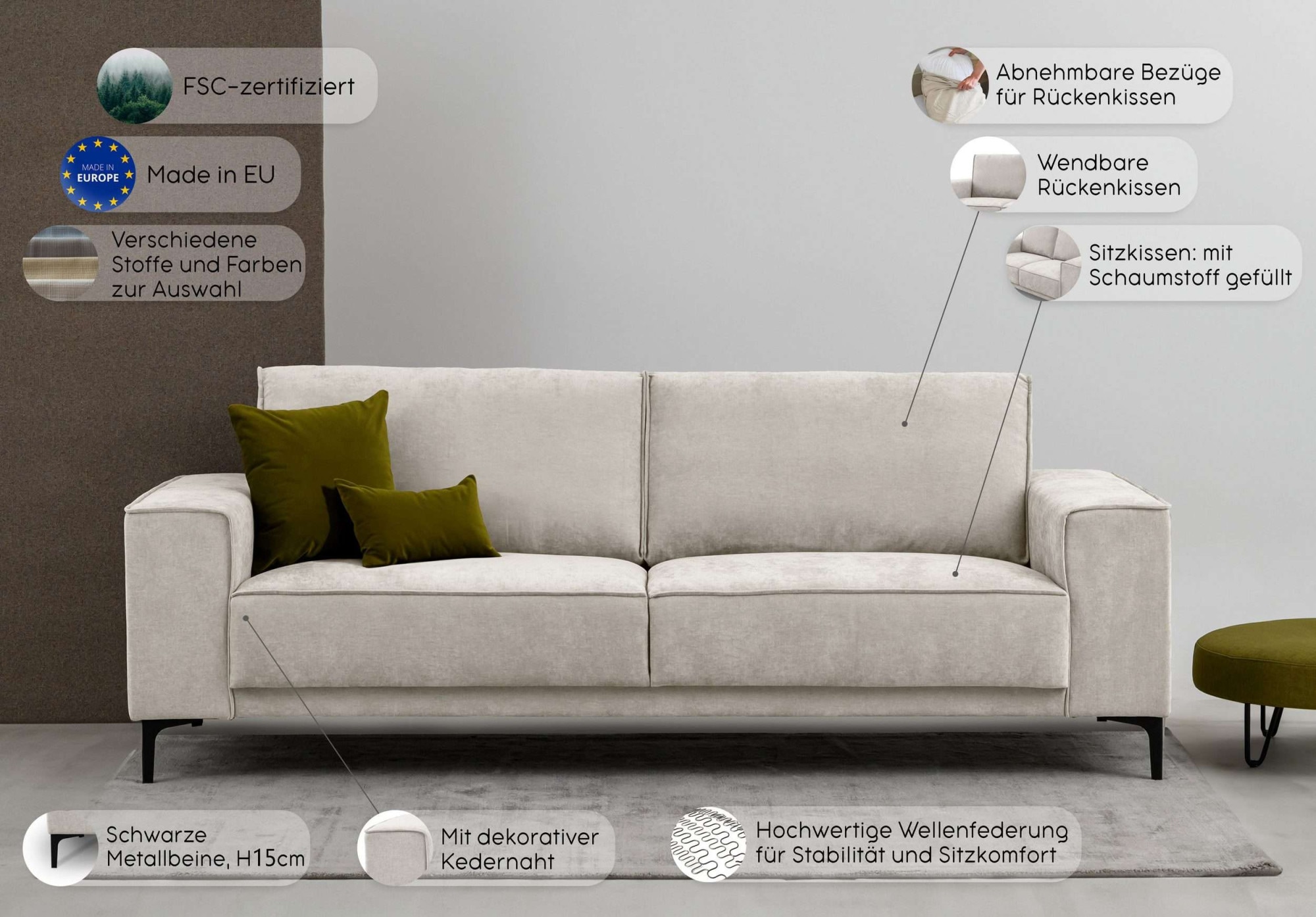 Places of Style 3-Sitzer »3er Sofa Oland, Struktur, Flachgewebe, Luxus-Microfaser, Boucle«, 224 cm, Wellenunterfederung, Skandi-Design, Metallfüsse