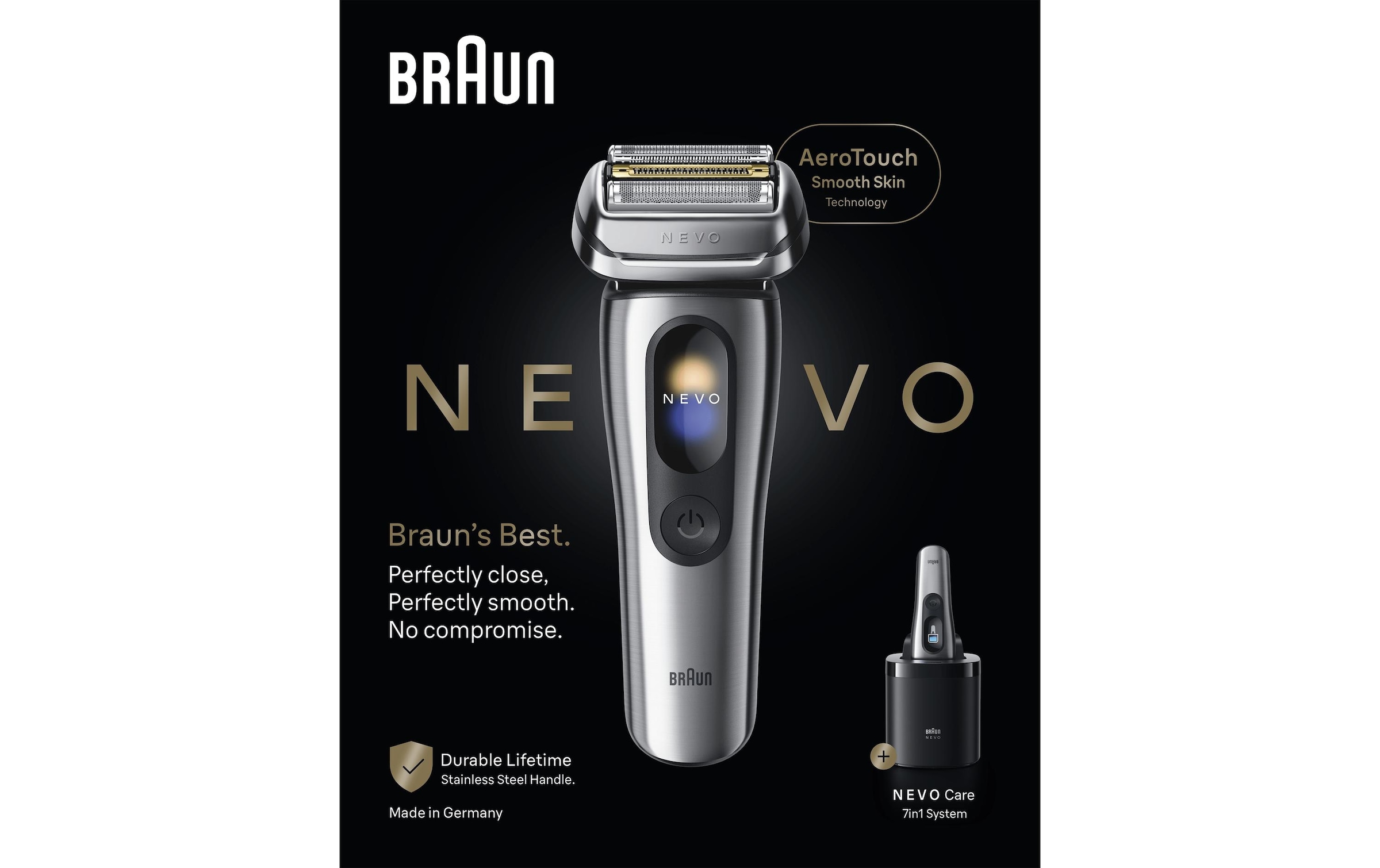 Braun Rasoirs électriques »NEVO 15000cc« station de nettoyage SmartClean Plus Tondeuse de précision intégrée AeroTouch, écran intelligent, système de soin 7-en-1, étui de voyage, argent