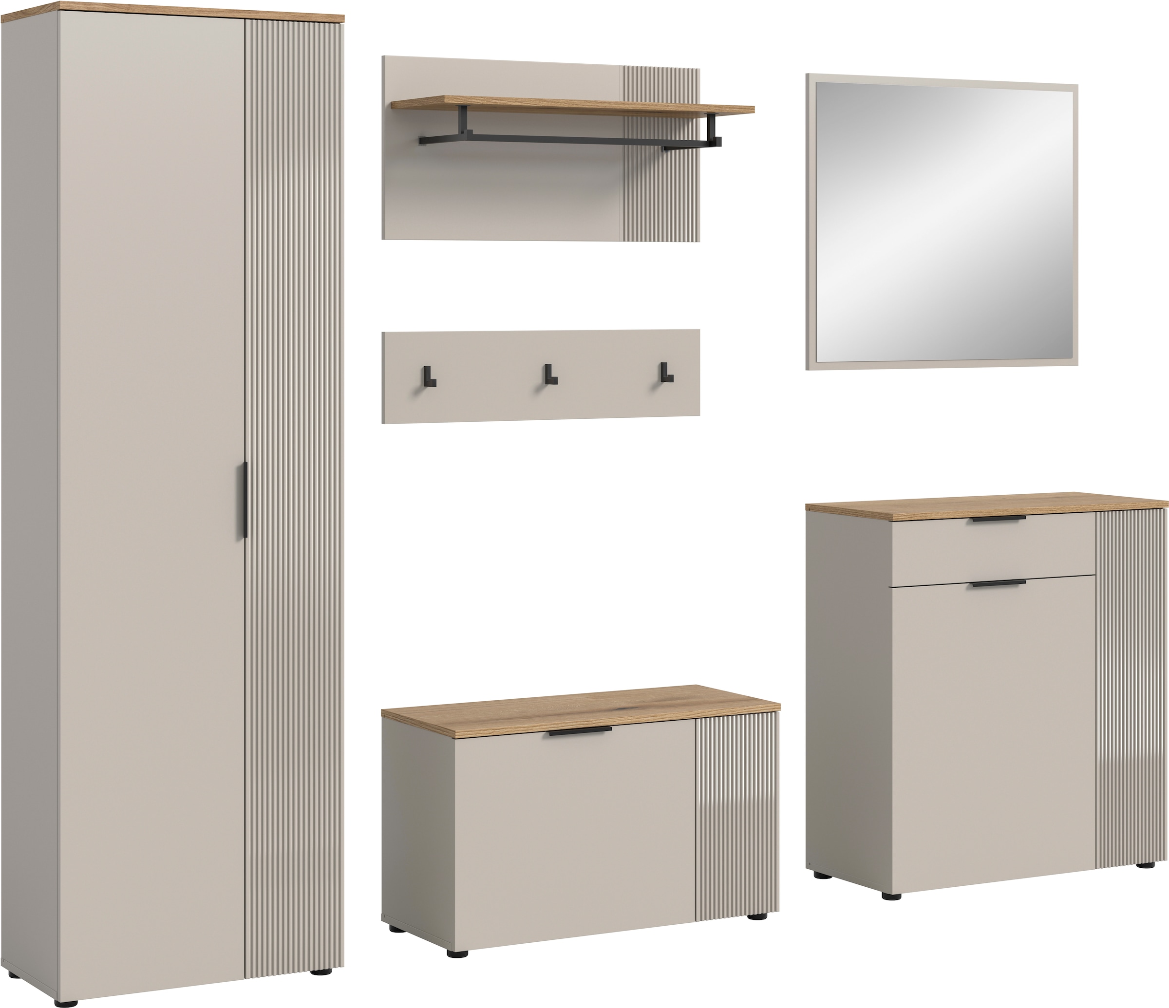 Image of Home affaire Garderoben-Set "EDIL, Breite 250 cm, 6-teilig, Front mit hochwertiger Längstfräsung" Set, Hochschrank, Sitzbank, Paneel, Hakenleiste, Kommode & Spiegel, 5 Stk. tlg.