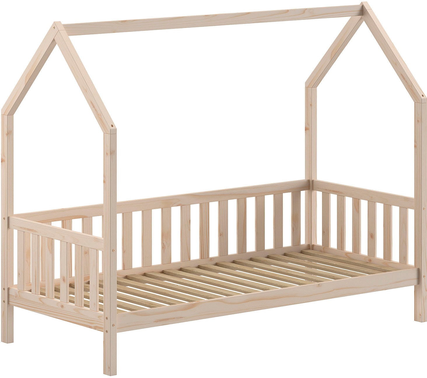Vipack »Cabane, mit Dachaufbau und Sprossenumrandung in Landhaus-Optik« (B/H/T ca. 208x169x98 cm) aus massiver Eiche, Oberfläche Natur,  sehr stabil und standfest gebaut inkl. Massivholz Rolllattenrost