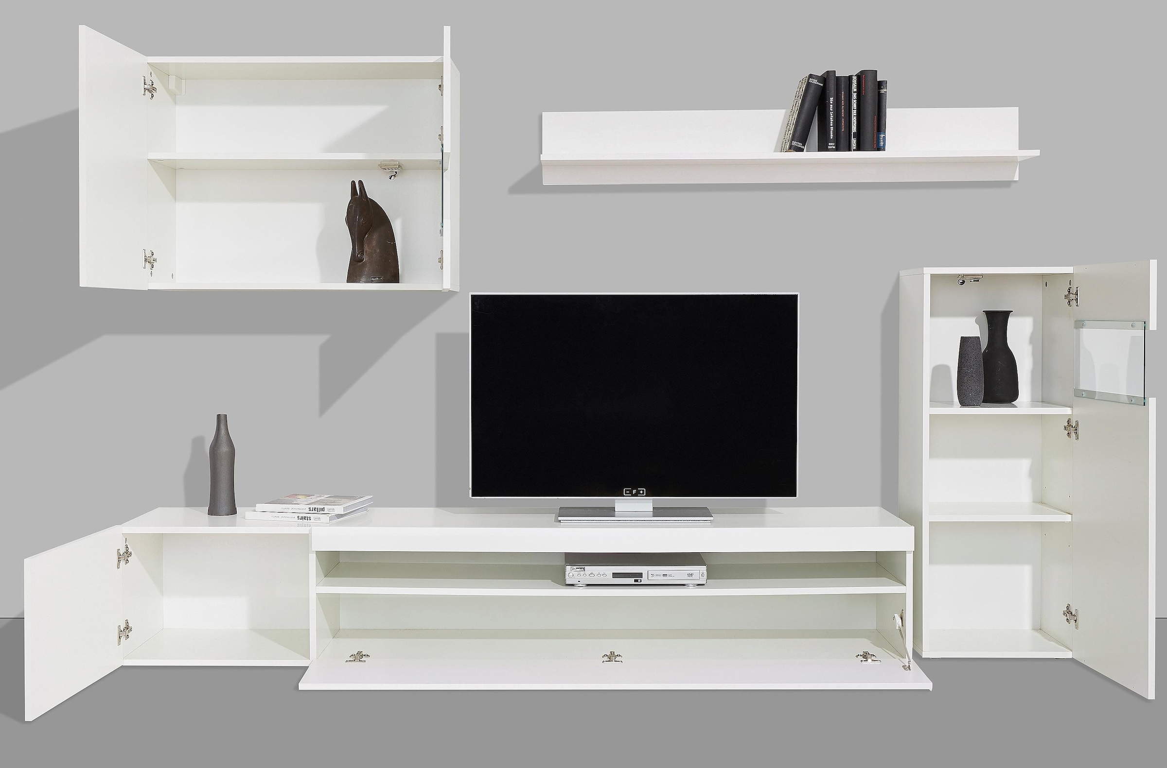 INOSIGN Wohnwand, (Set, 4 St., Set besteht aus 1 Hängevitrine, 1 Vitrine, 1 Lowboard und 1 Wandregal), weiss Korpus/ Front in Hochglanz, ohne Beleuchtung