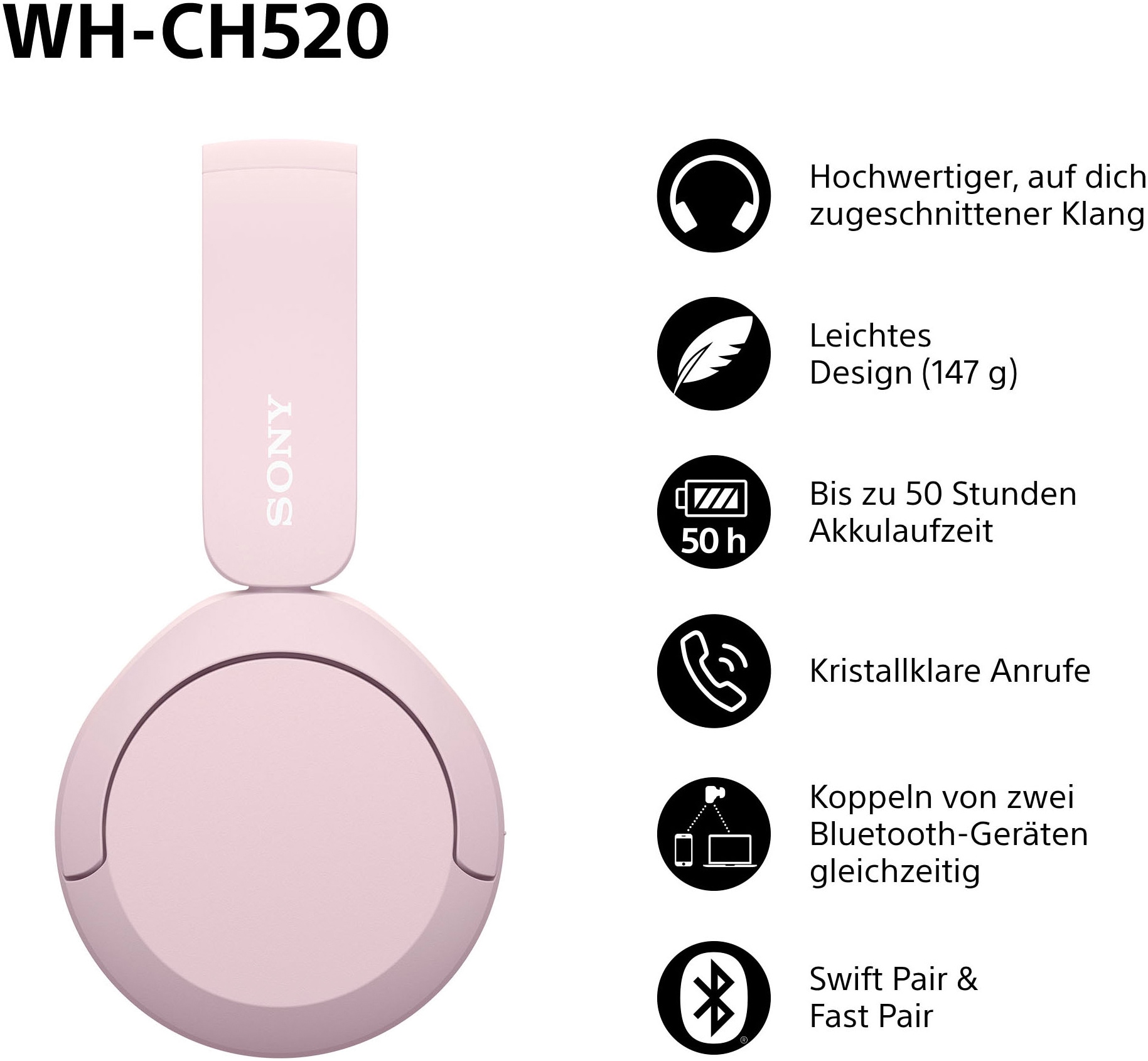 Sony On-Ear-Kopfhörer »WHCH520« Bluetooth Freisprechfunktion | Rauschunterdrückung | Sprachsteuerung | kompatibel mit Siri 200 Std. Max. Akkulaufzeit (Standby)