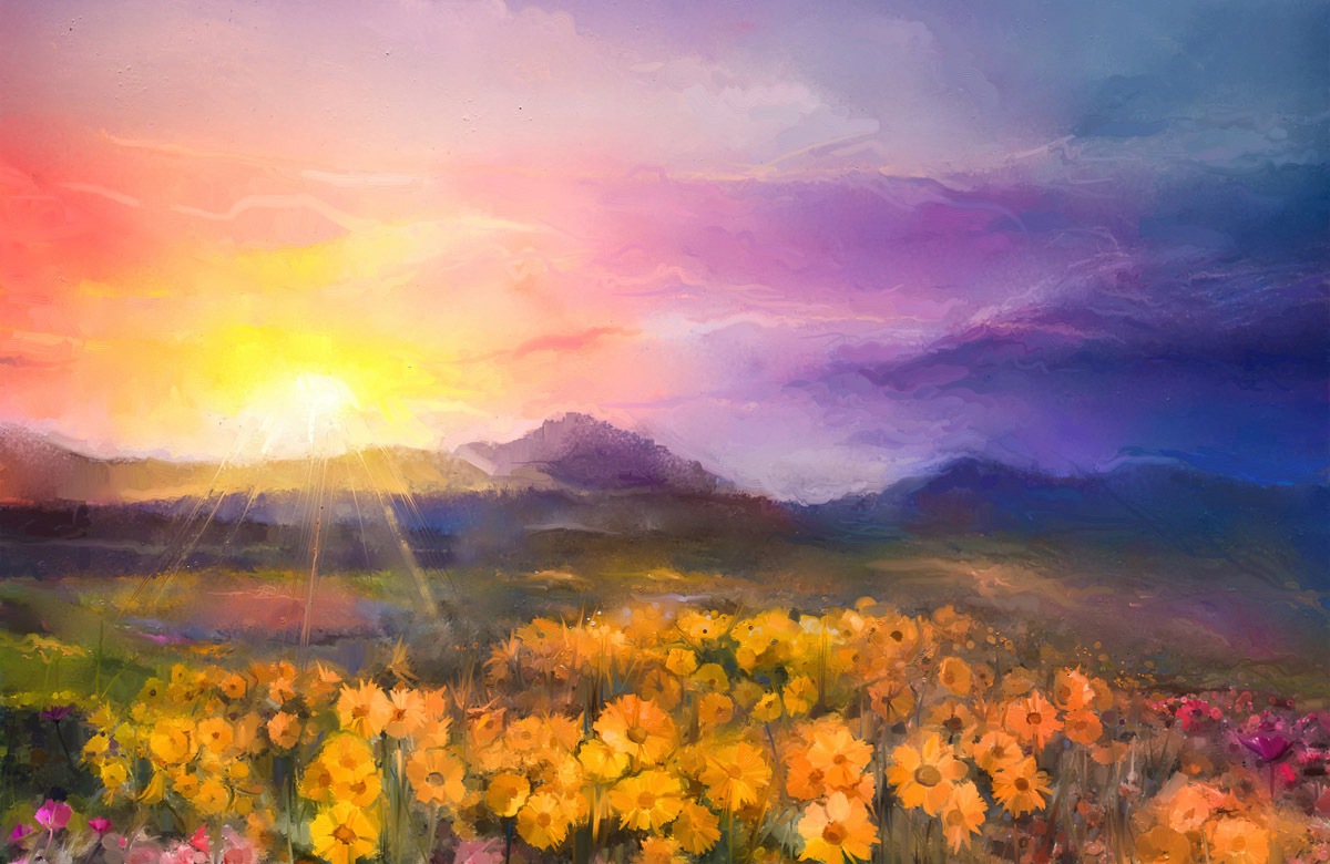 Image of Papermoon Fototapete »GÄNSE BLÜMCHEN BLÜTEN-MALEREI WIESE GEBIRGE SONNE WOLKE«, Vliestapete, hochwertiger Digitaldruck, inklusive Kleister bei Ackermann Versand Schweiz