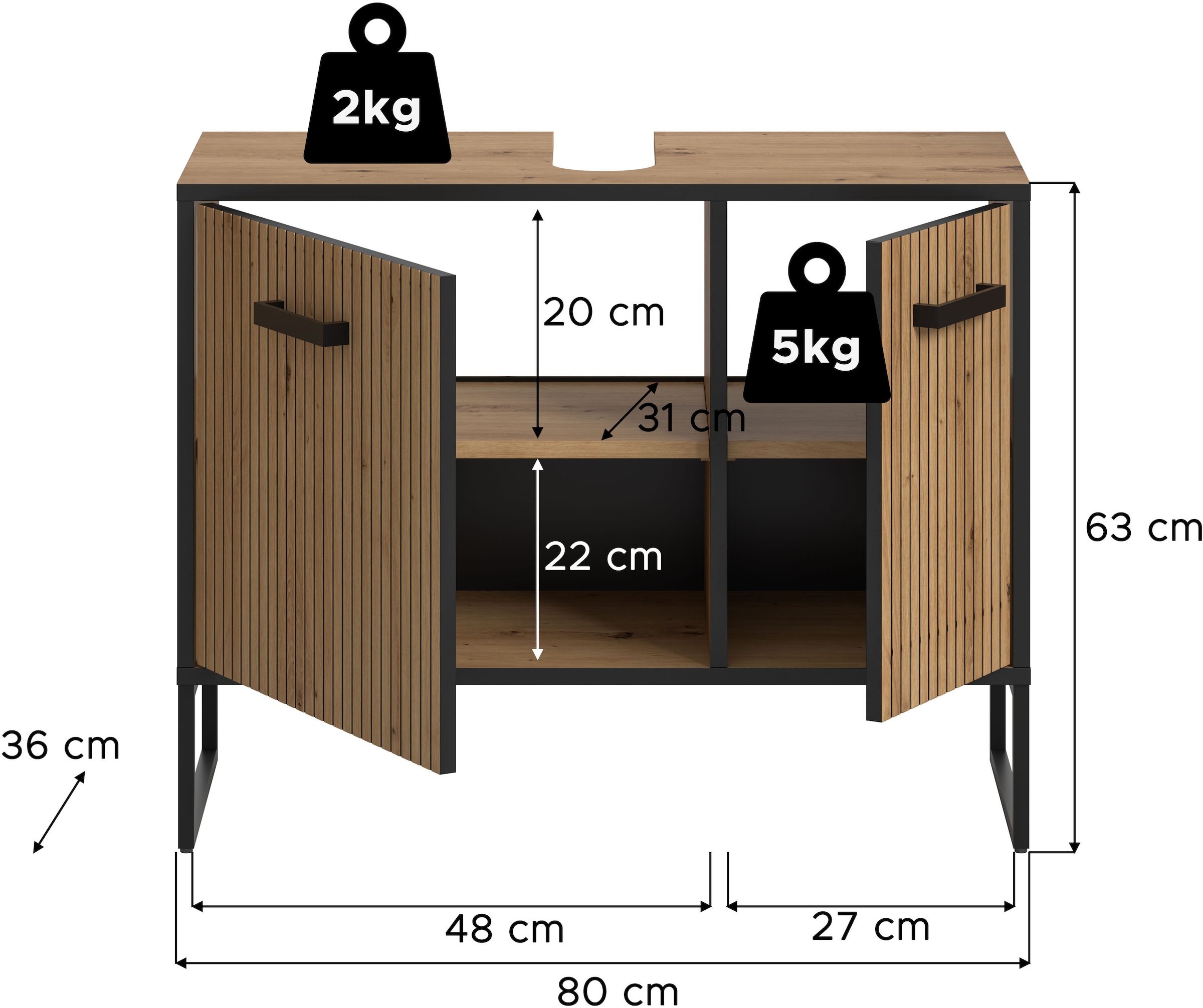 welltime Waschbeckenunterschrank »LOCRI, Höhe 63 cm, 2 Türen, 2 Einlegeböden, mit Siphonausschnitt« industrial Look mit Rillenoptik & Metall Kufen, 1 Stk. tlg. Badmöbel, Badschrank, Badkommode, Kommode, Schrank, Bad, Badezimmer