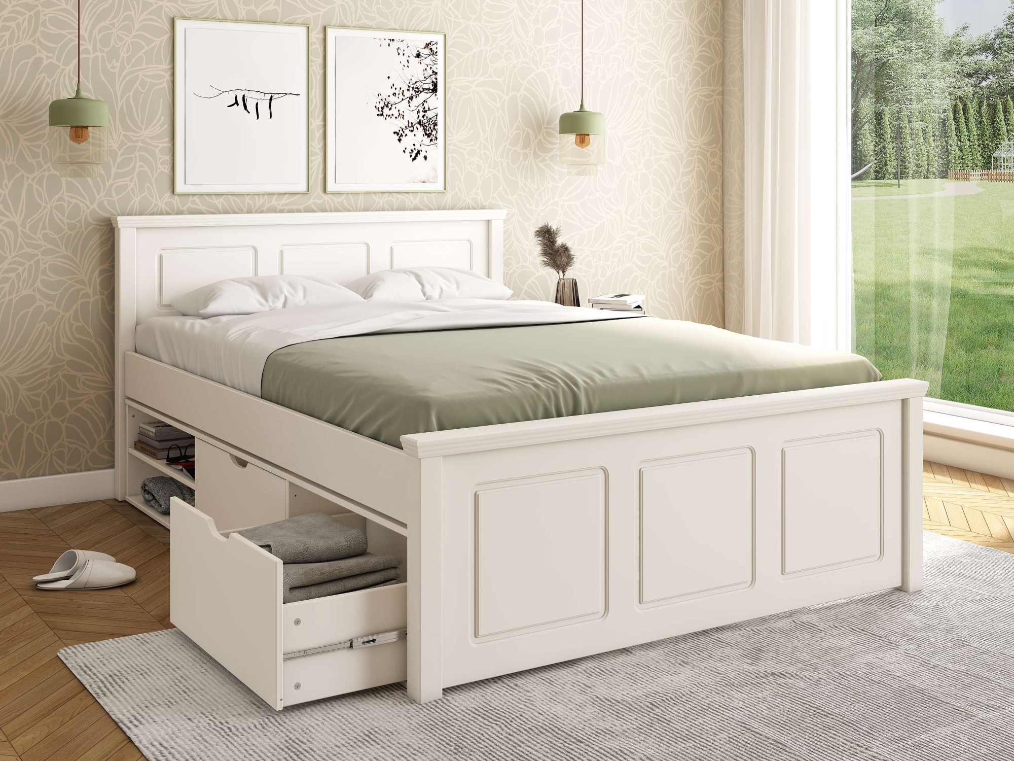Image of GOODproduct Stauraumbett "SVEA – Landhausstil, Massivholz-Kiefer & Lattenrost inklusive" 2 Schubladen + offene Fächer, FSC zertifiziert, Made in Europe
