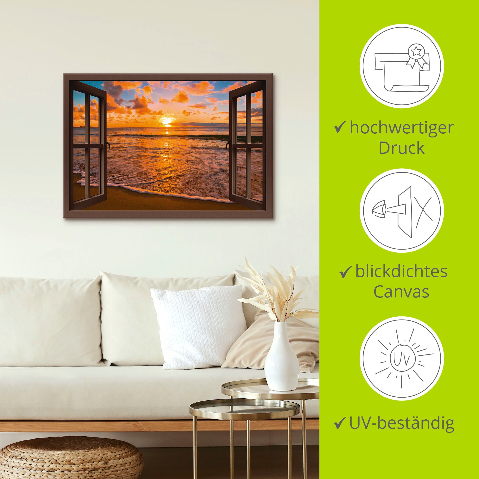 Artland Wandbild »Fensterblick Sonnenuntergang am Strand«, Sonnenaufgang & -untergang, (1 St.), als Leinwandbild, Poster, Wandaufkleber in verschied. Grössen