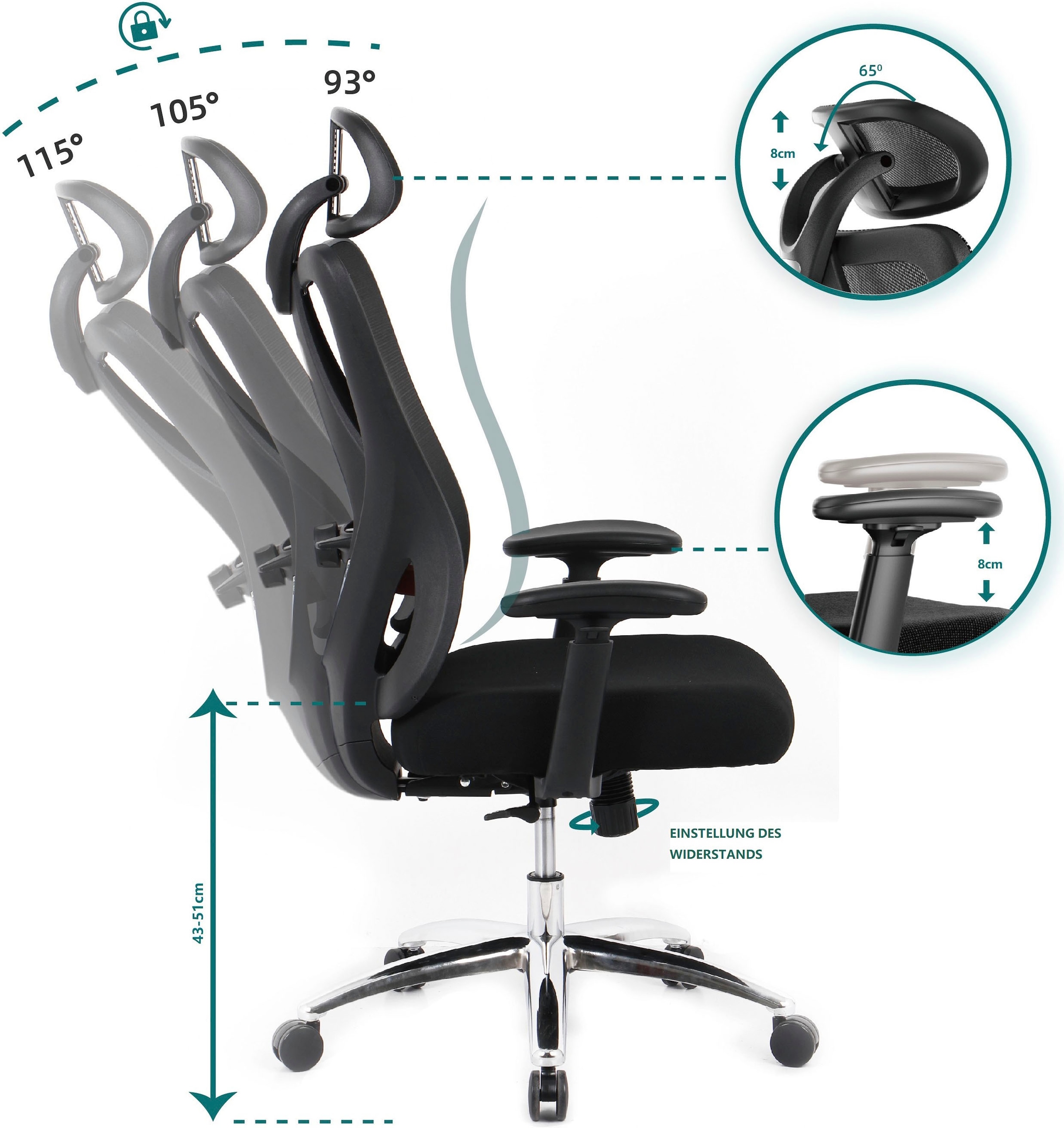 INOSIGN Bürostuhl »ZAMIR, verstellbare Kopfstütze, Lendenwirbelstütze,«, Netzstoff, Mesh Schreibtischstuhl, Chefsessel mit Wippfunktion & Hartbodenrollen
