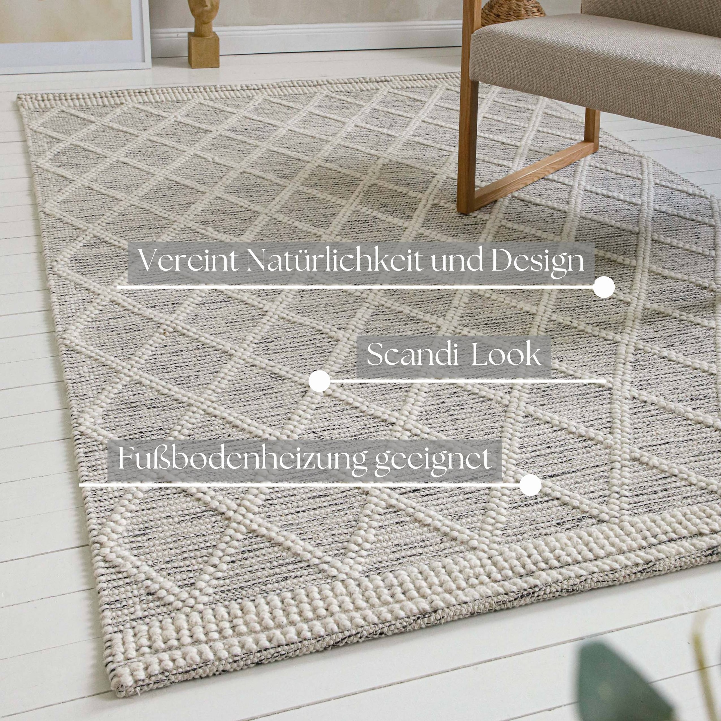 GOODproduct Teppich »Jeppe« rechteckig 8 mm Höhe 70% Wolle, handgewebt, Raute, Hoch-Tief, Wohnzimmer, Naturfaser