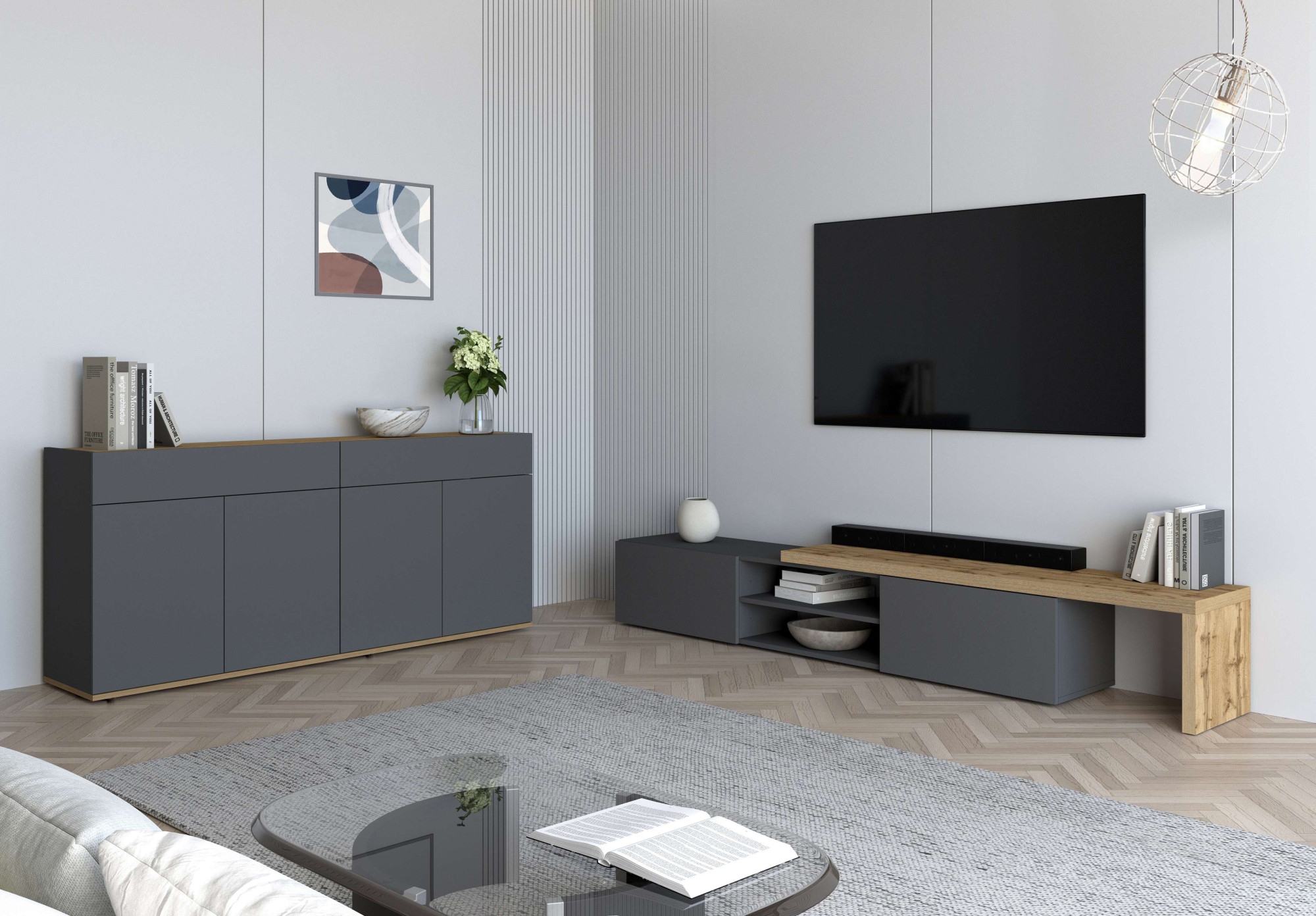 GOODproduct Lowboard »New Garda,Lowboard mit Aufsatz,TV-Board mit Ausatz,TV-Schrank-Tv Bank« 1 Stk. tlg. Breite verstellbar v. 183 bis 310 cm,2 Klappen  und L-Förmiger Aufsatz