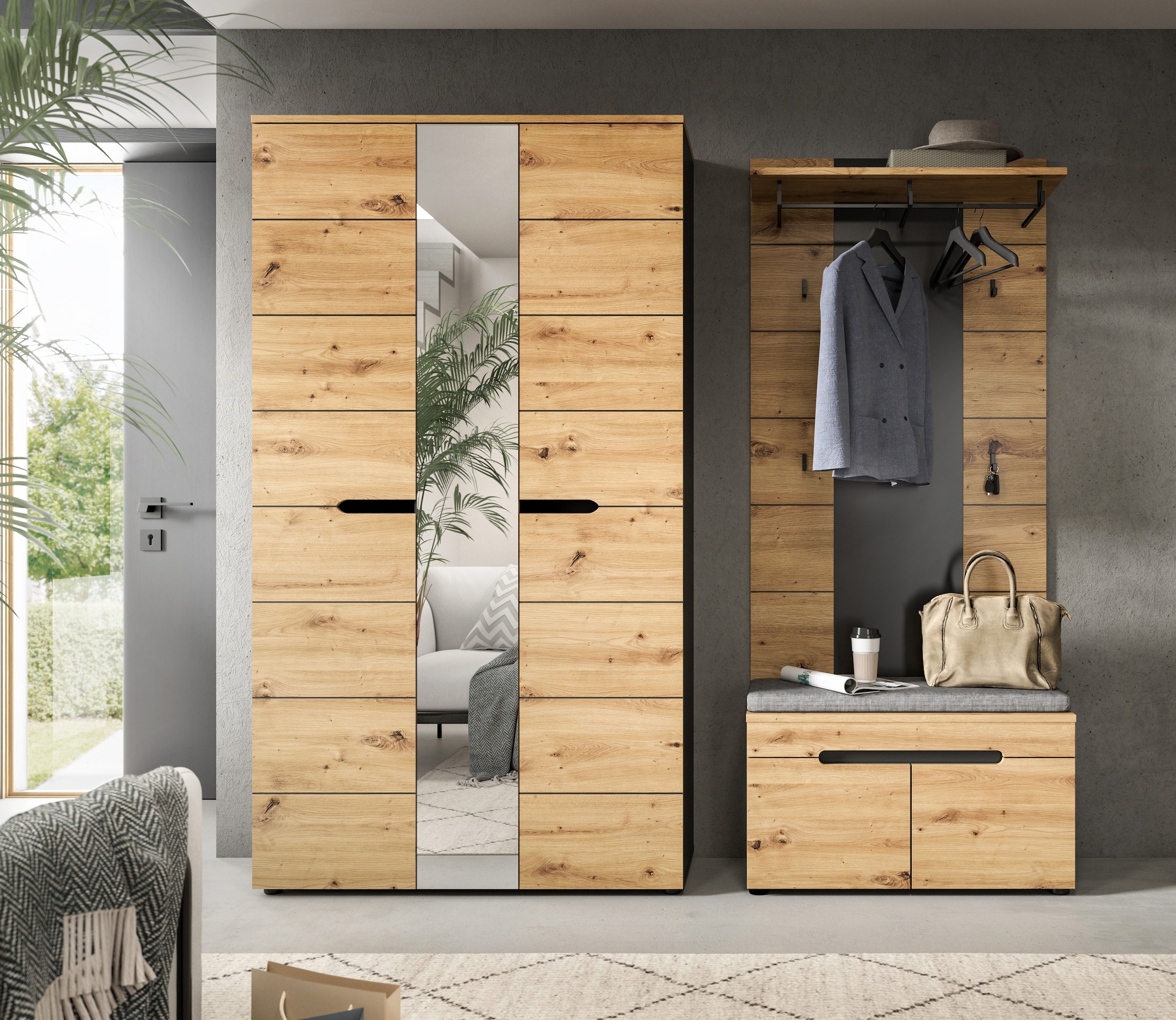 Home affaire Garderoben-Set »REHAT, TOPSELLER!, 4-teilig, Breite 200 cm, individuell stellbar« Set, best. aus: Garderobenschrank, Sitzbank, Sitzkissen & Garderobenpaneel, 4 Stk. tlg.