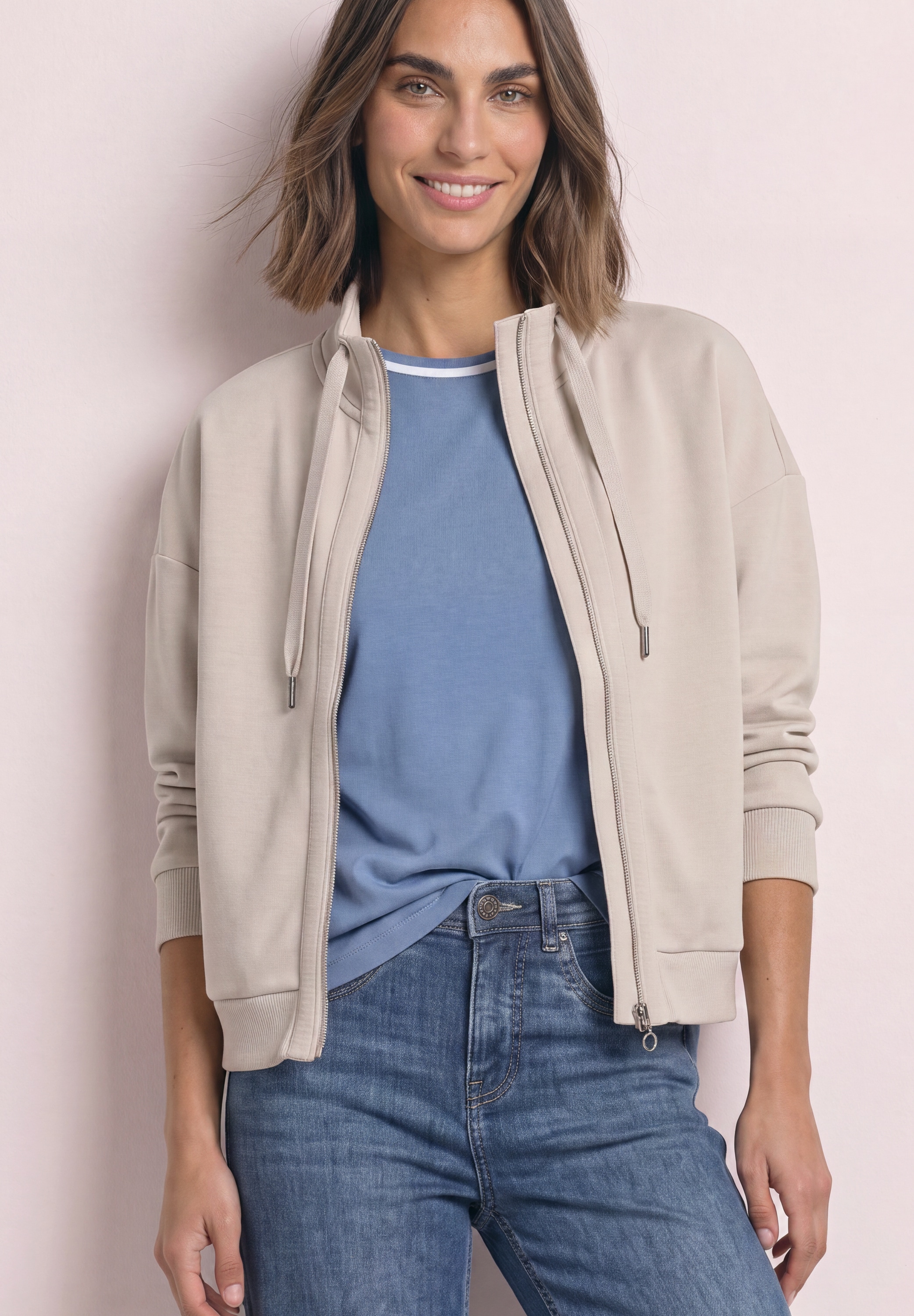 Image of STREET ONE Sweatjacke 3/4-Arm Jacke im Silk-Look mit Rippdetails