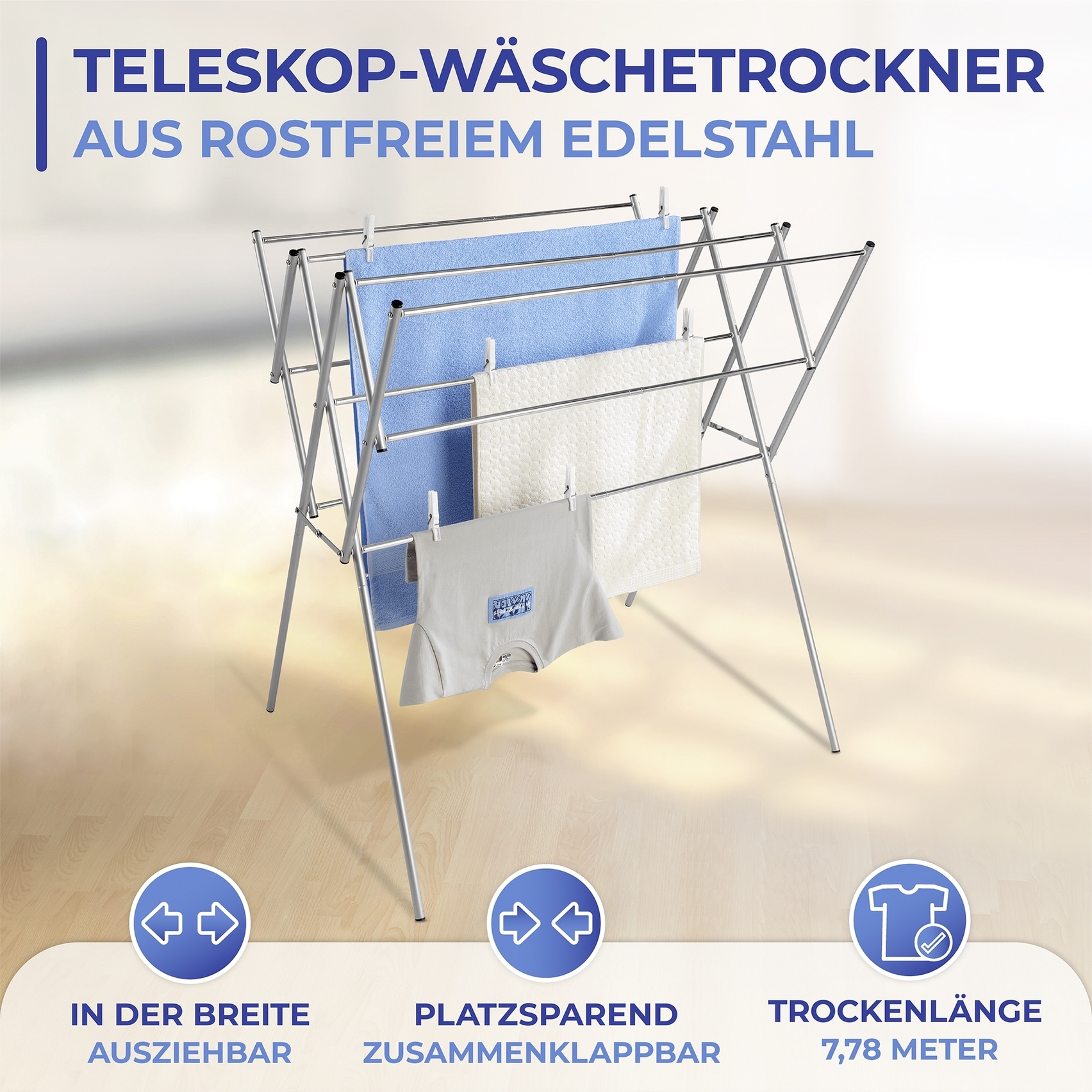 Maximex Wäscheständer »Teleskop«, ausziehbarer Wäschetrockner aus Edelstahl, 7,78 m Trockenlänge