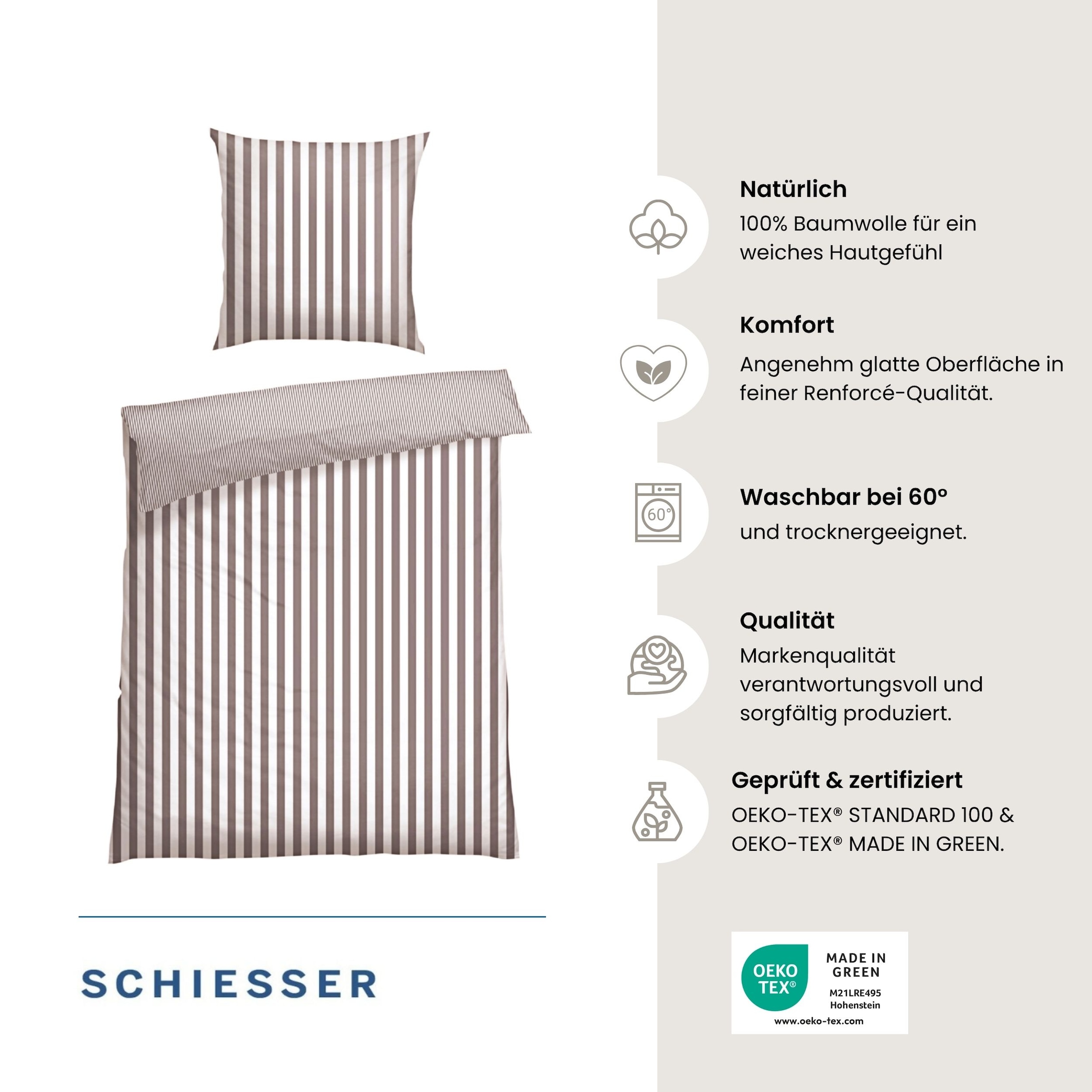Schiesser Linge de lit réversible »Marie aus weicher Baumwolle und Streifen Allover« 2 cuis MADE IN GREEN by OEKO-TEX®