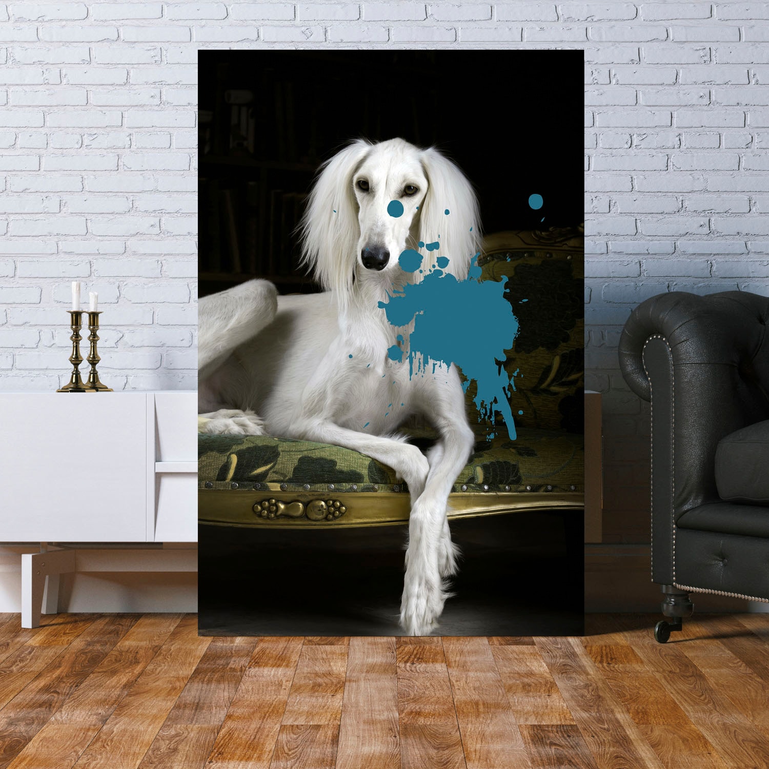 queence Tableau en verre acrylique »Hund mit Farbklecks« Fine Art-Print in Galeriequalität