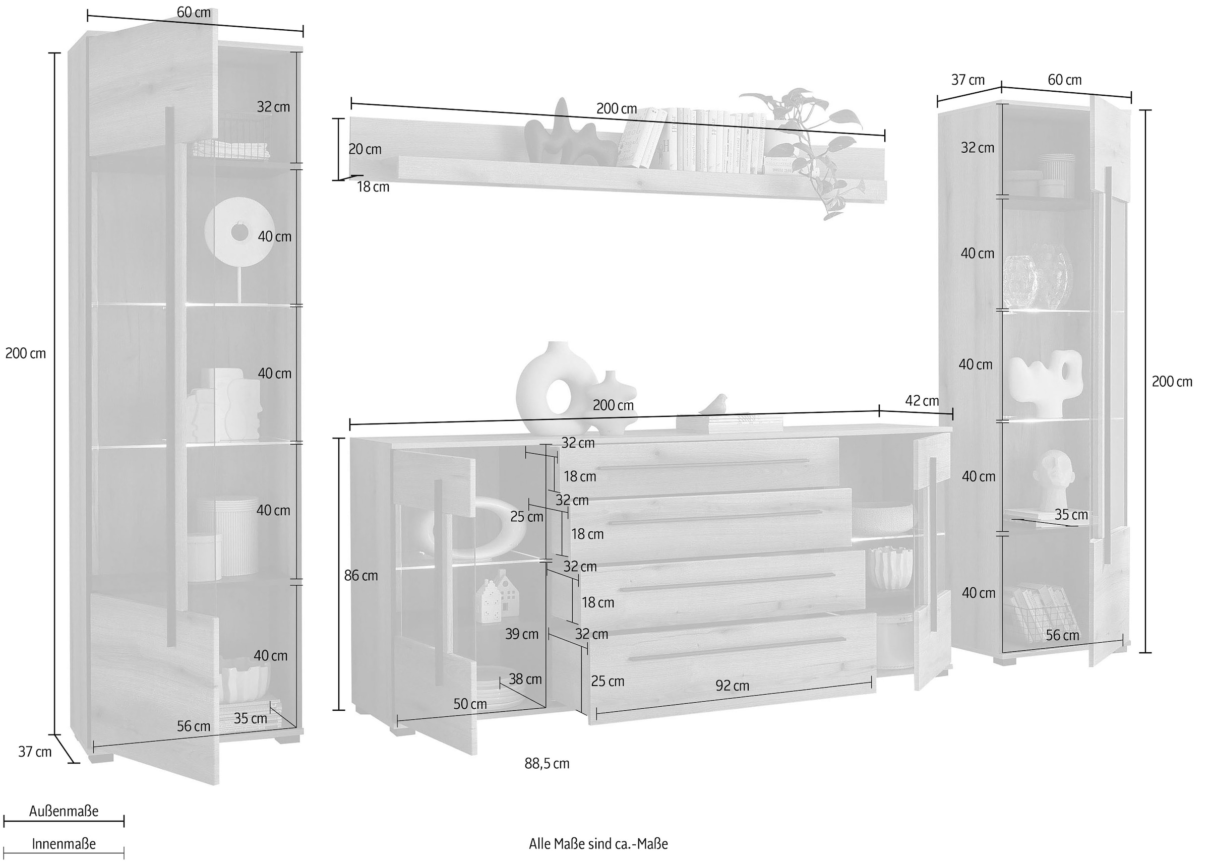 INOSIGN Wohnwand »Cantara, moderne Anbauwand, Wohnzimmer-Set, in Eiche Evoke oder Weiss«, (Set), enthält zwei Vitrinen, ein Sideboard und ein Wandboard