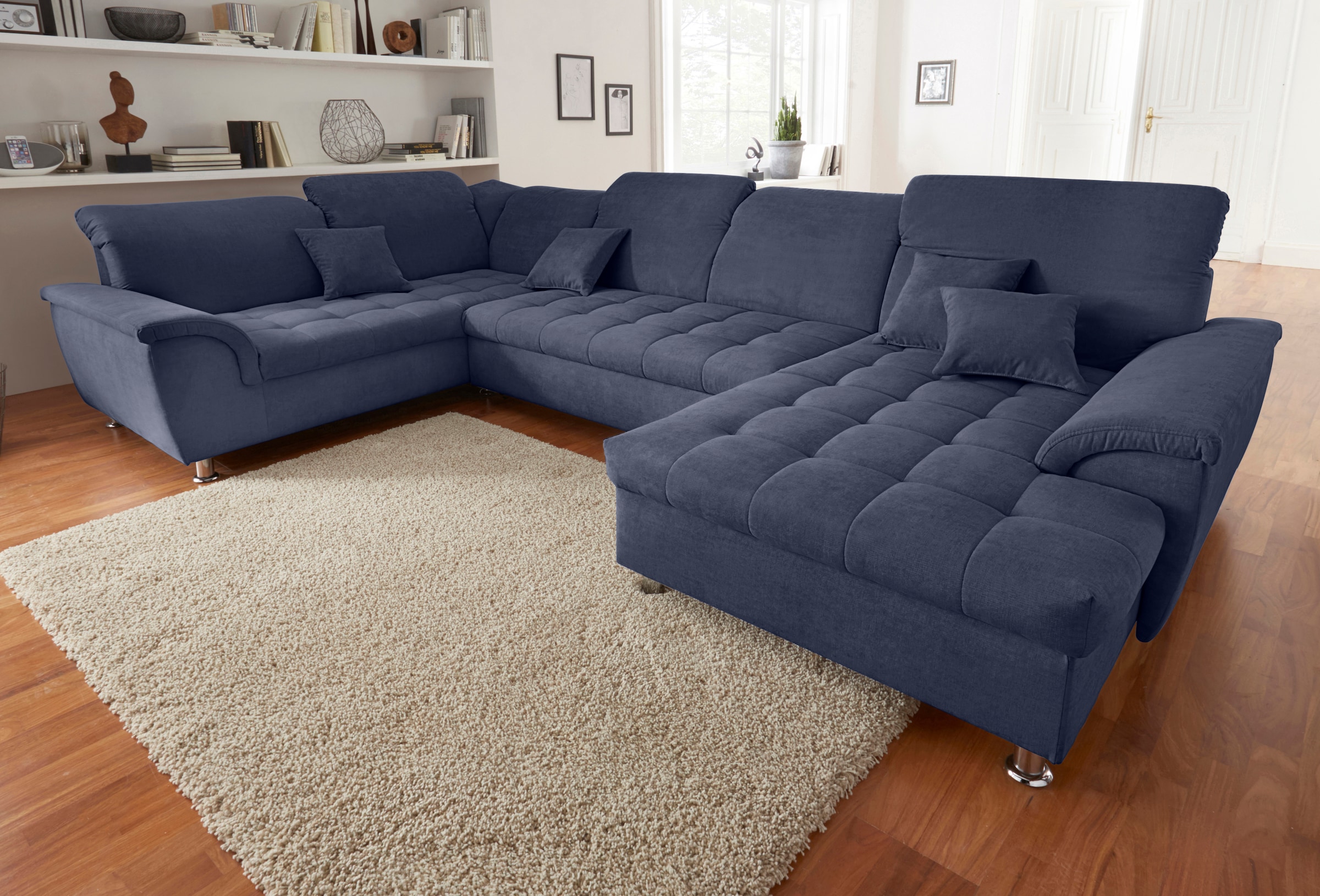 Image of DOMO collection Wohnlandschaft "FRANZI optional mit Bettfunktion, Bettkasten & Kopfteilverstellung" U-Form, Recamiere rechts, marine, B/T: 352/214 cm