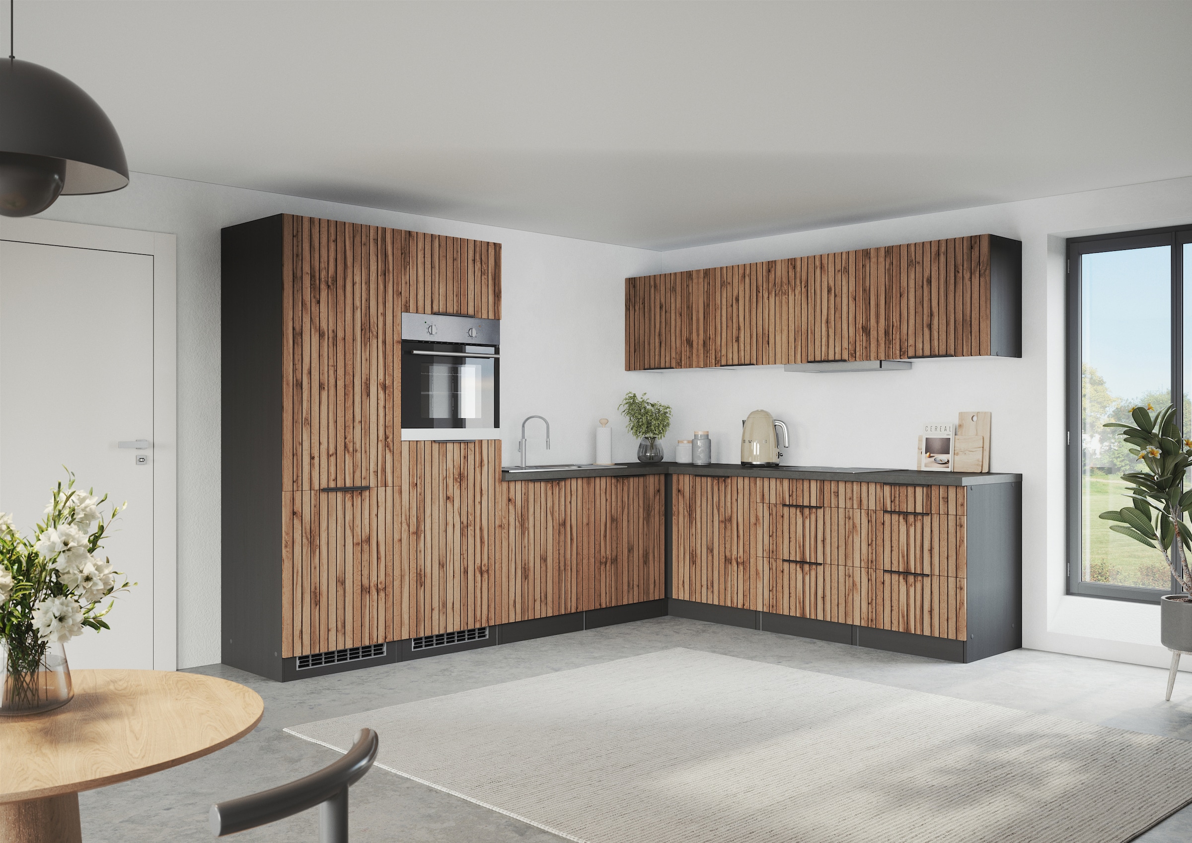KOCHSTATION Cuisine d'angle »KS-Lagos, Stellbreite 300/240 cm« au choix avec appareils électriques, évier inox ou noir