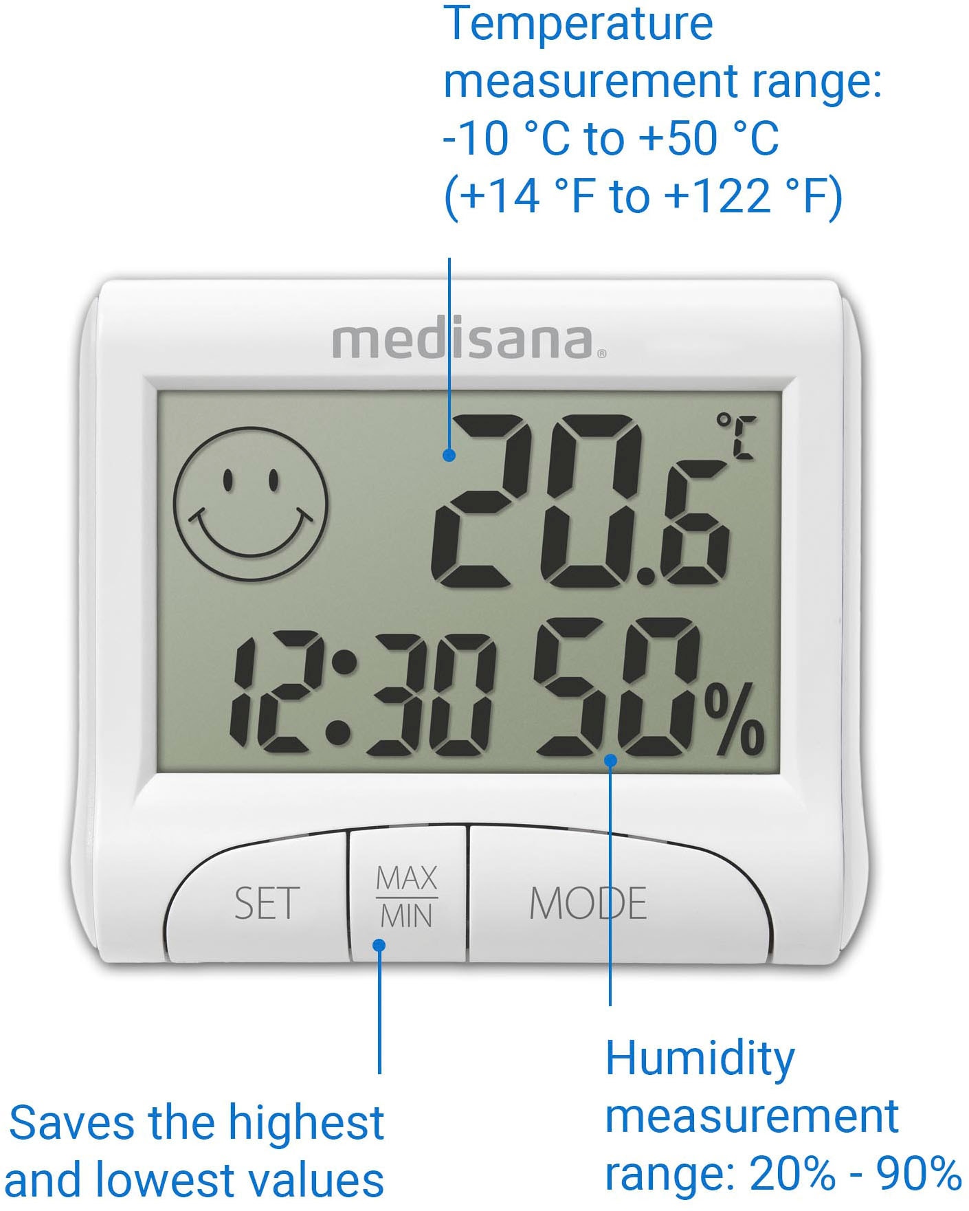 Medisana Innenwetterstation »HG 100«, Luftfeuchtigkeit, Raumtemperatur, Höchst- und Tiefstwerten