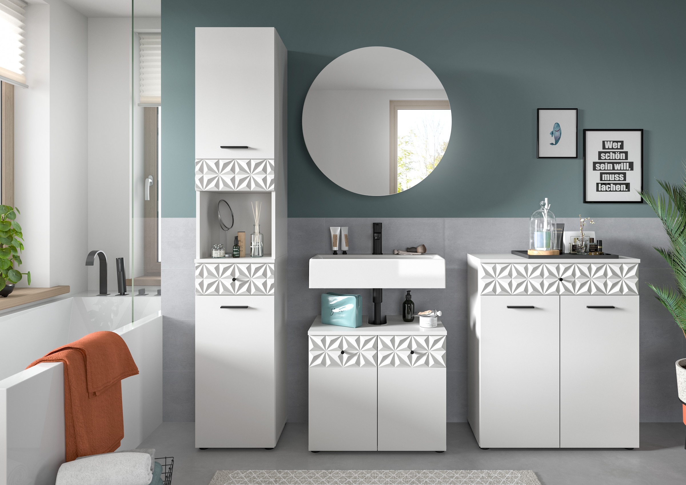 INOSIGN Ensemble de salle de bains »VICENZA, TOPSELLER!, Breite 195cm, 4-teilig, mit Ornamentabsetzung« Hochschrank, Waschbeckenunterschrank, Spiegelschrank & Unterschrank, 