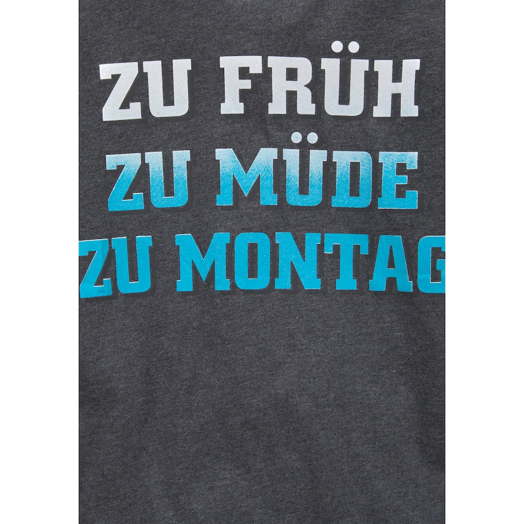 KIDSWORLD T-Shirt »ZU FRÜH, ZU MÜDE...«, Spruch